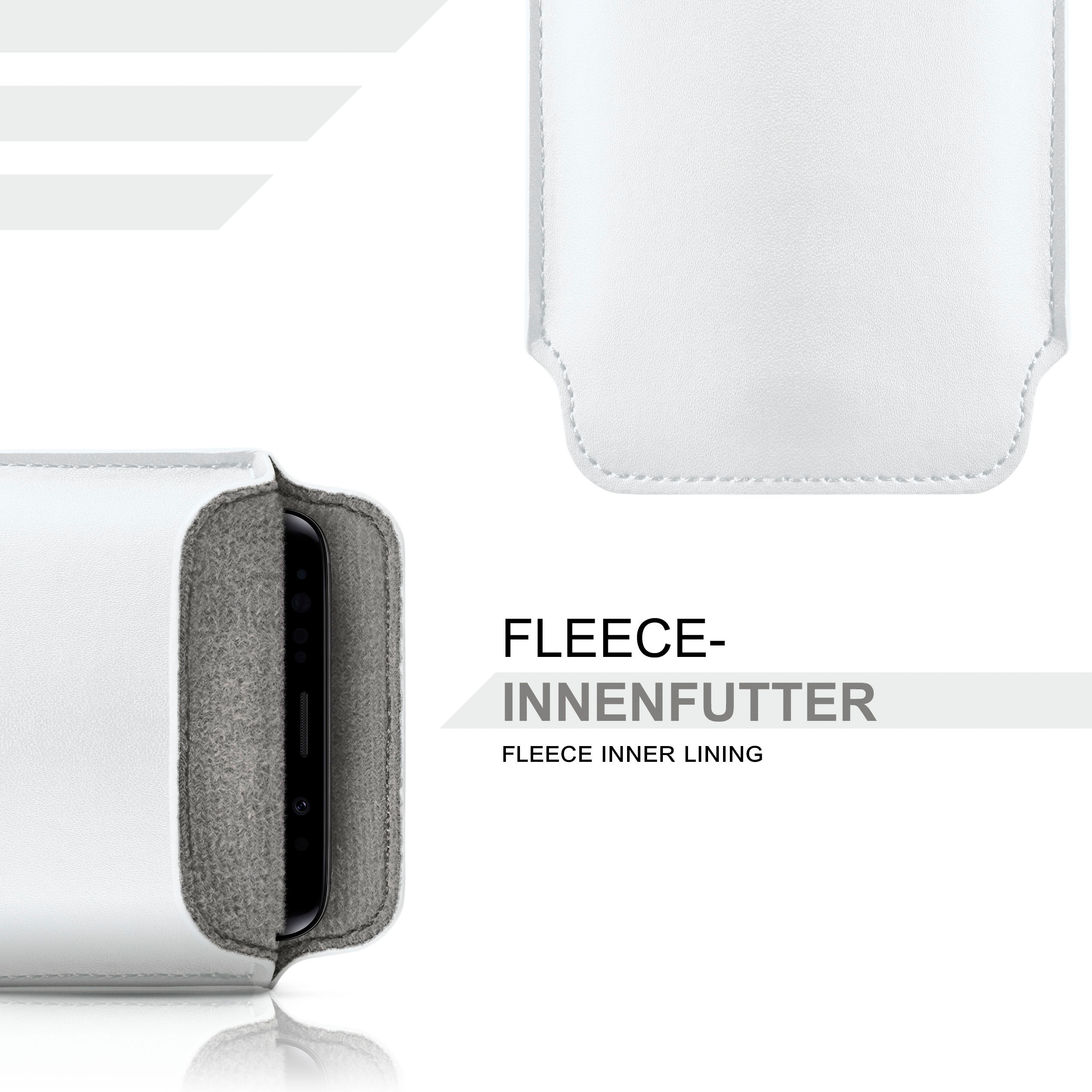 Telefonhülle, Fleece-Innenfutter, mit Telefon. Weißer Hintergrund.