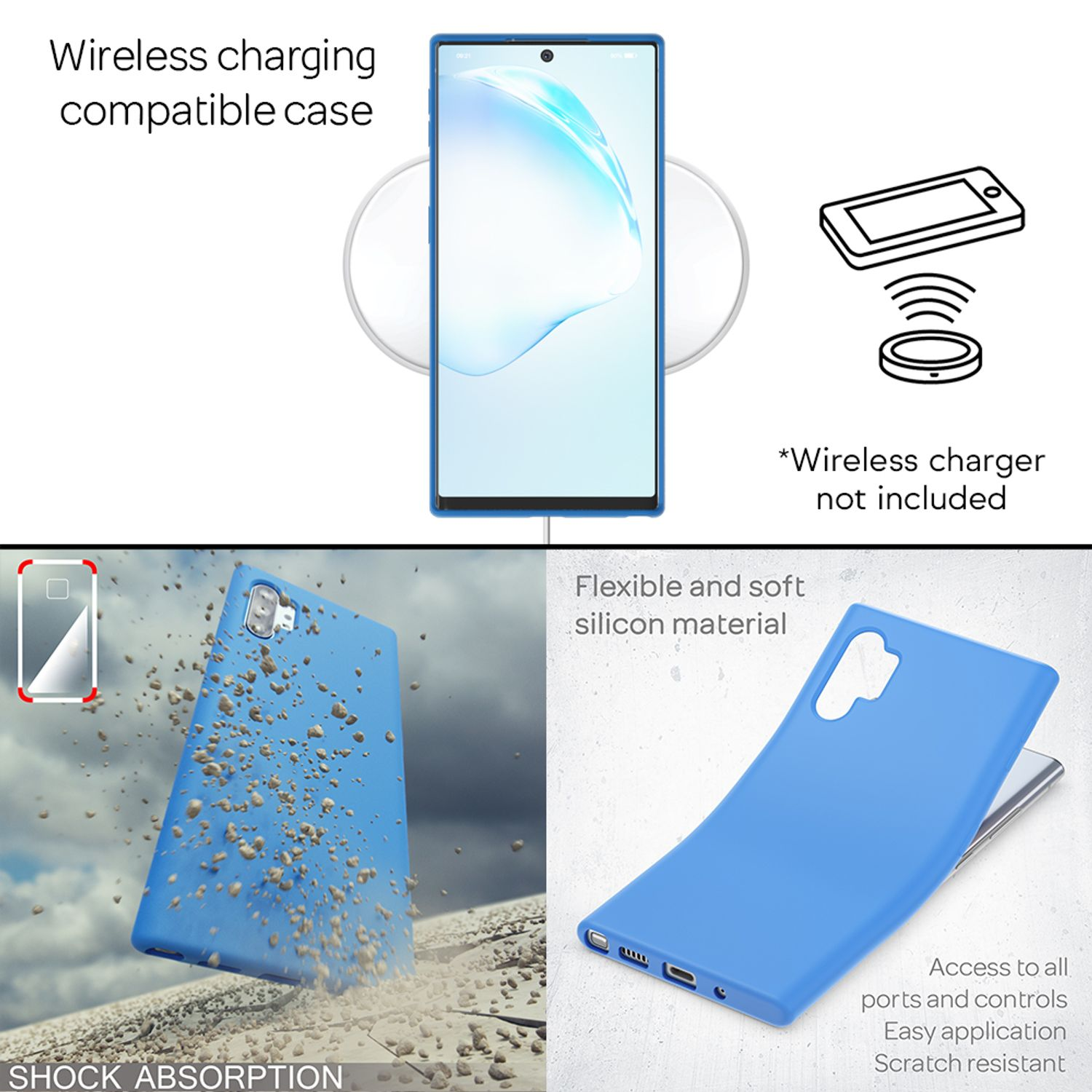 Blaue Handyhülle mit Telefon, Funktionen wie kabelloses Laden zeigend.