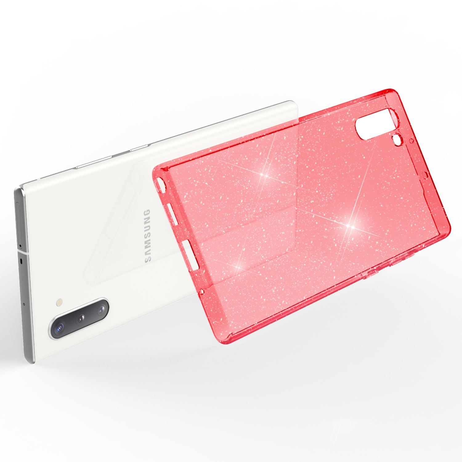 Ein weißes Telefon mit einer roten, glitzernden Hülle.