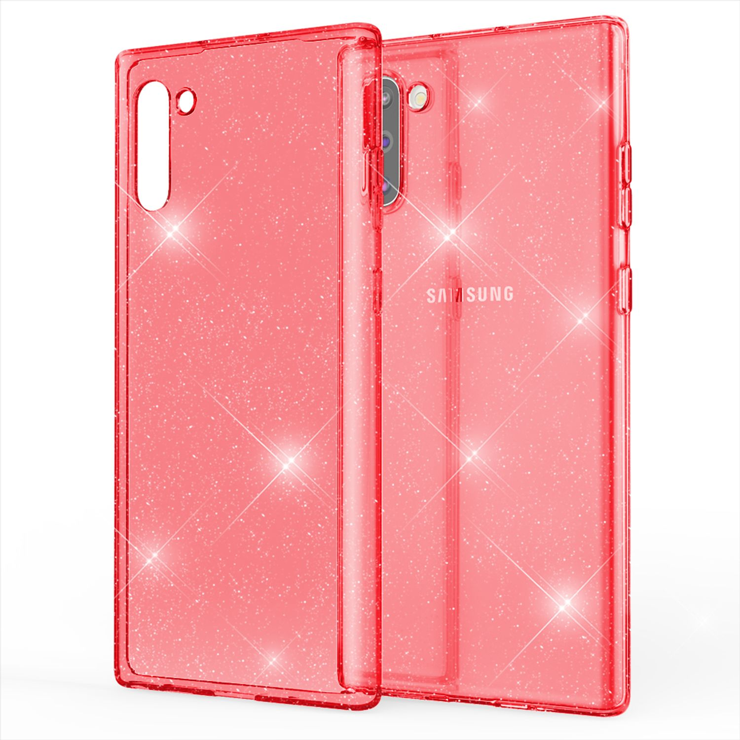 Rote Glitzer-Handyhülle auf einem Telefon, weißer Hintergrund.