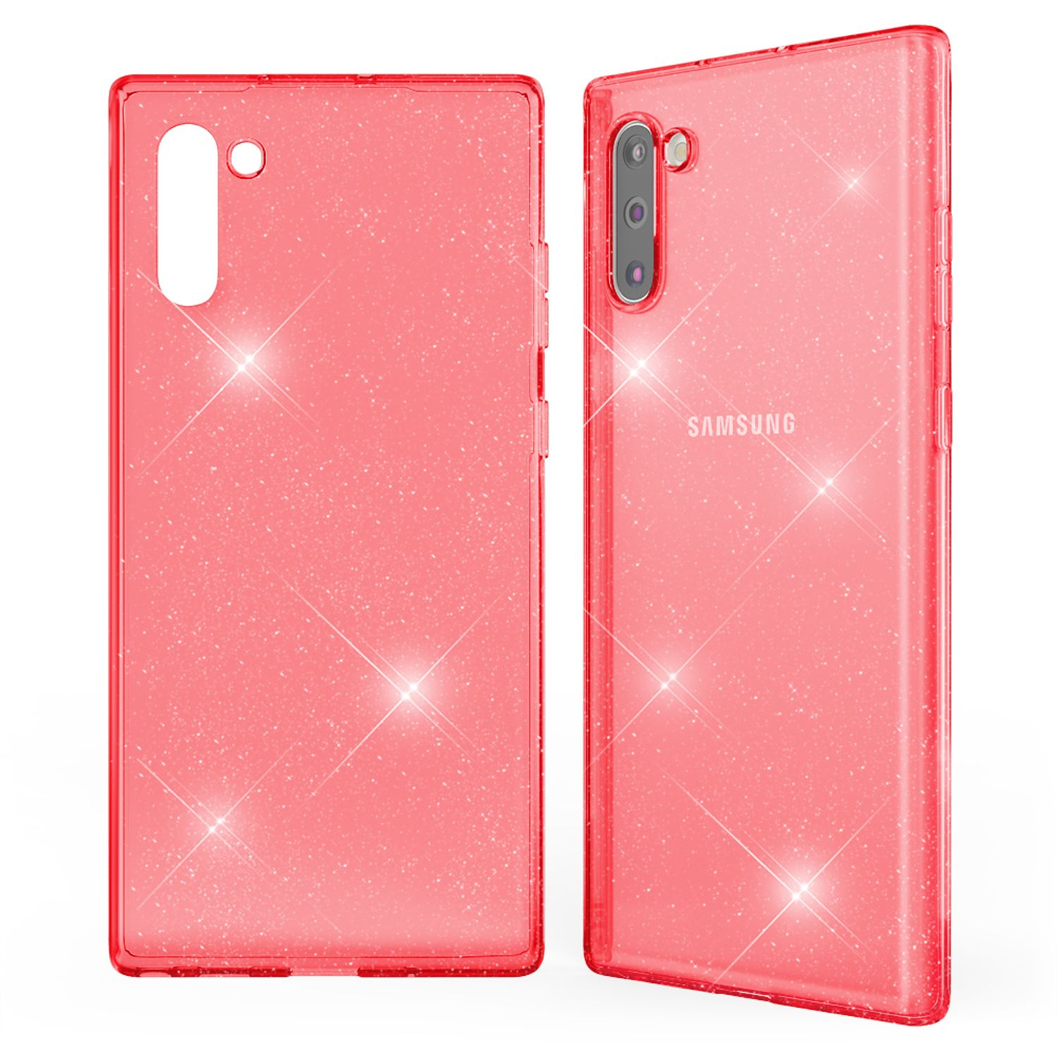 Zwei Handyhüllen. Sie sind rot und glitzernd. Das Wort Samsung ist sichtbar. 