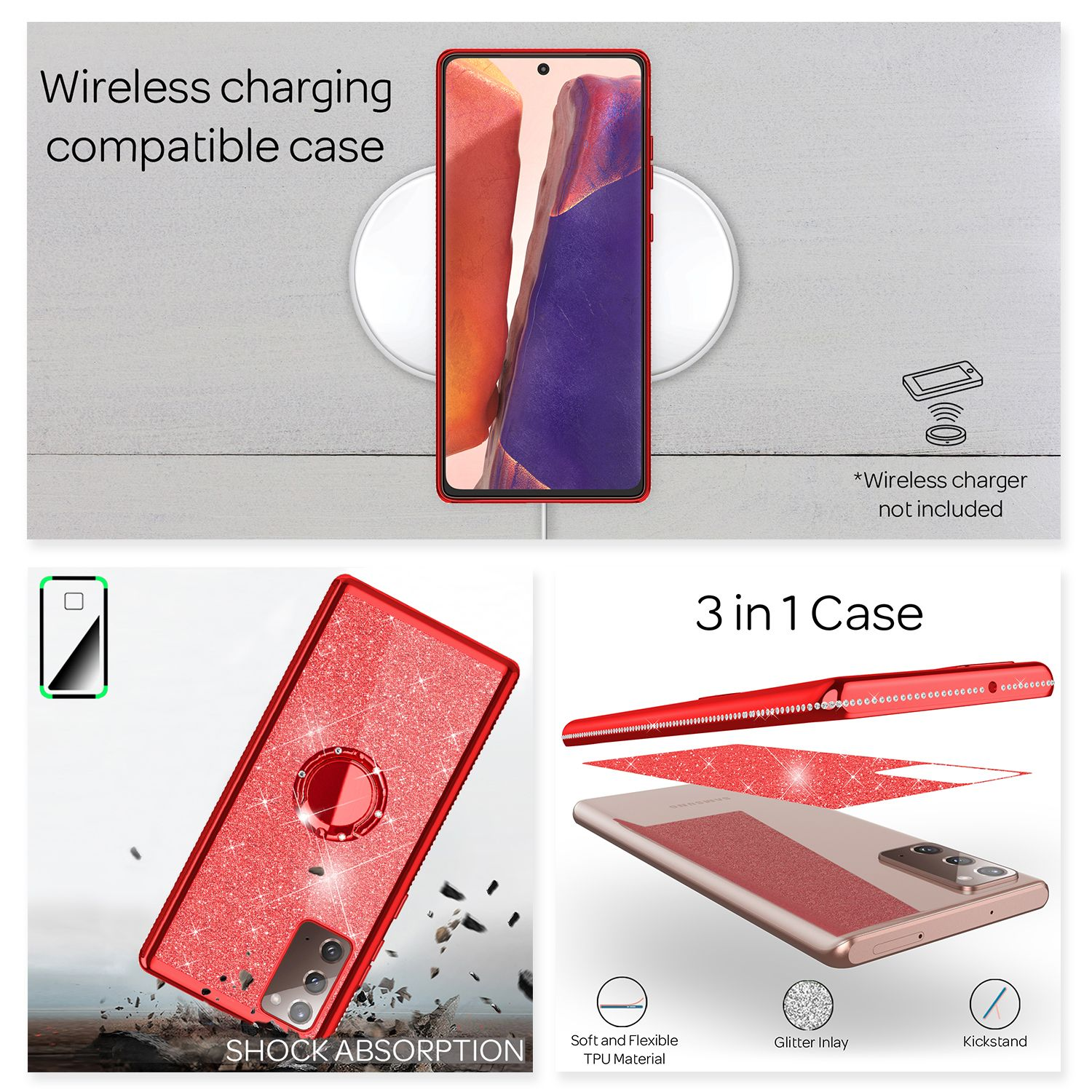 Silikon Samsung, Backcover, Galaxy Rot Ring Glitzer NALIA Note 20, Hülle,