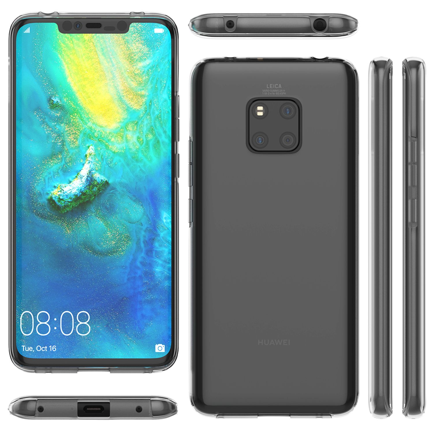 Smartphone in klarer Hülle, mehrere Ansichten. Der Bildschirm zeigt einen abstrakten blau-gelben Hintergrund.