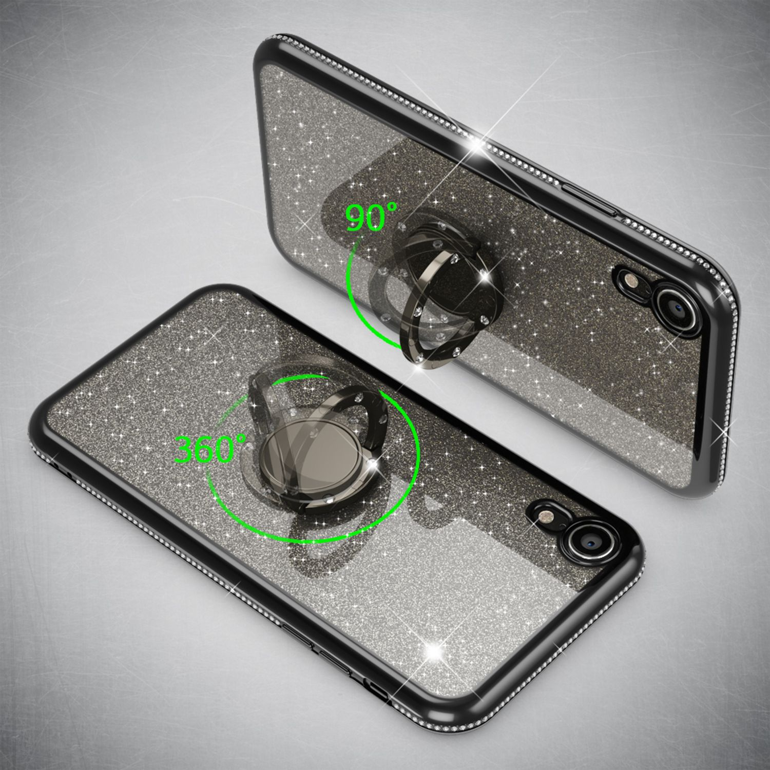Zwei Handyhüllen, glitzernd, mit Ringhalter. Grüne Kreise zeigen Grad an.