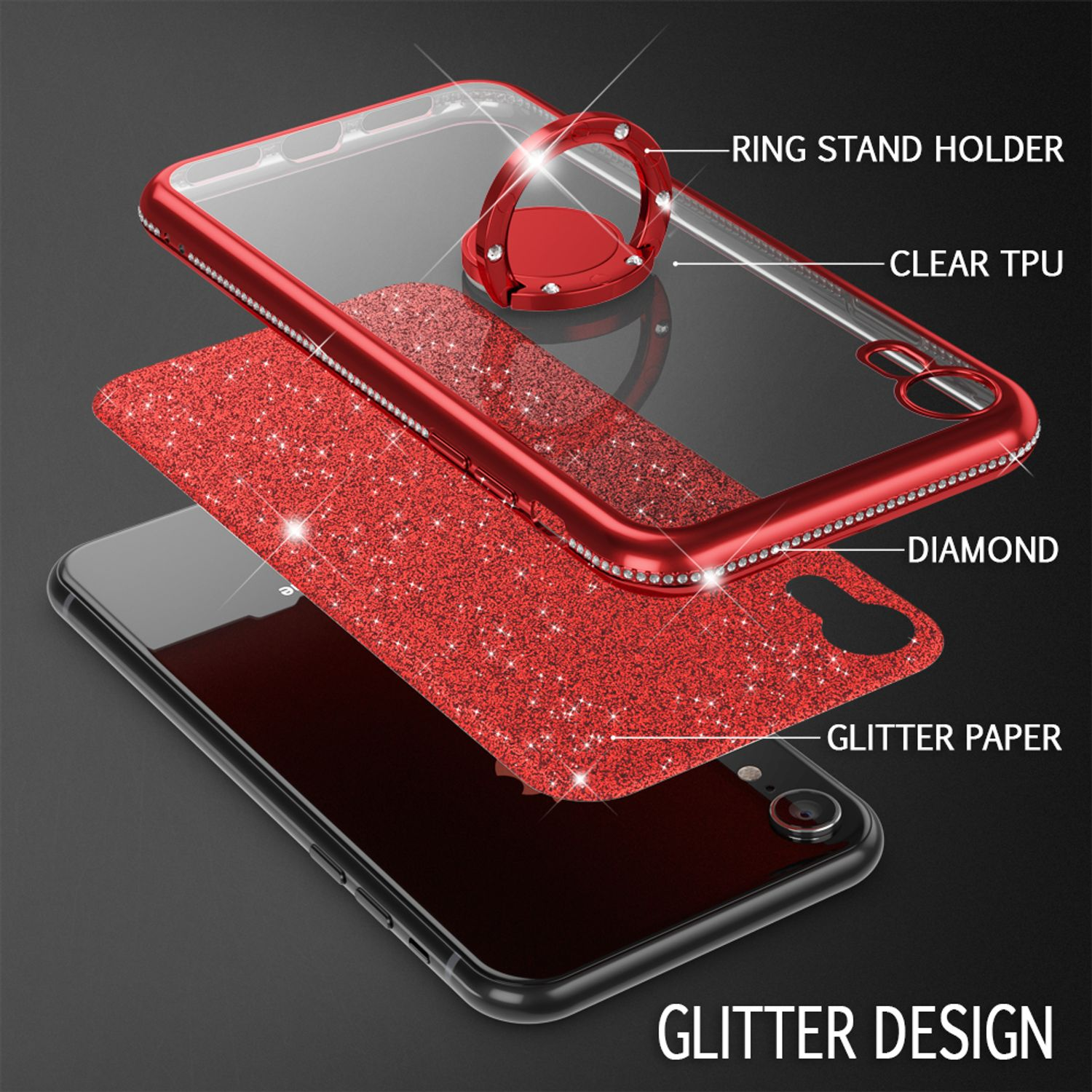 Explosionszeichnung einer Handyhülle mit Ringständer, TPU, Diamant, Glitzerpapier.