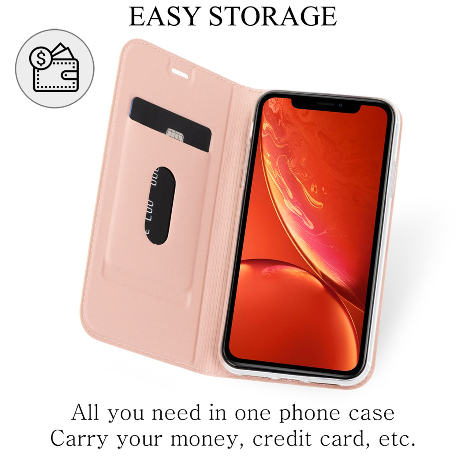 Rosa Handyhülle. Das Telefon zeigt einen Bildschirm mit farbenfrohem Design. Eine Karte im Etui.
