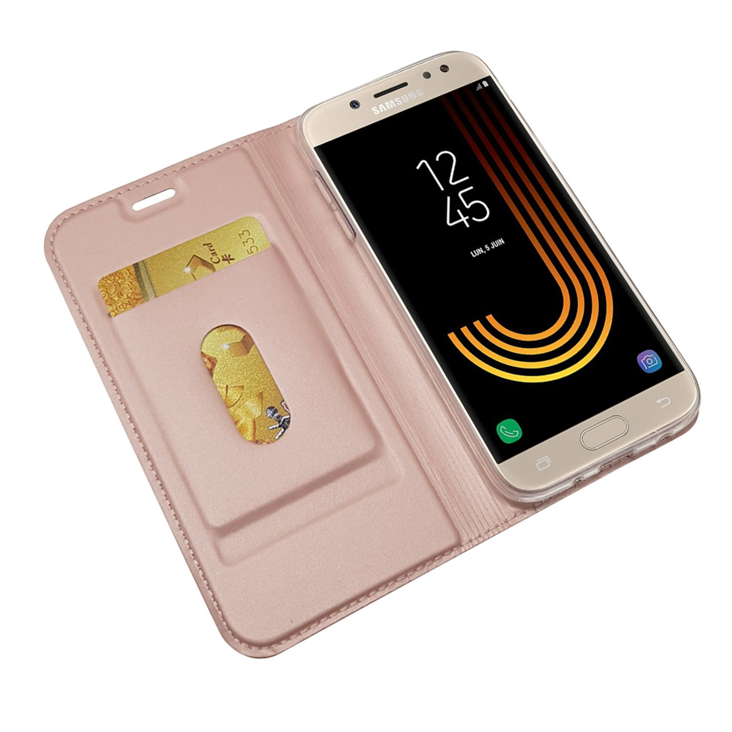 Telefon in rosa Hülle, offen, mit Kartenfach und Kreditkarte sichtbar.