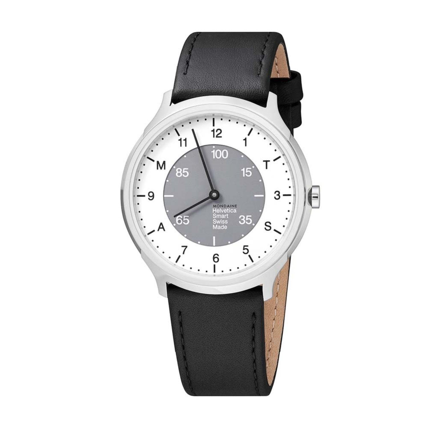 / Helvetica Hybrid Grau Schwarz Smartwatch Echtleder, / Weiß / Smartwatch Regular Edelstahl Silber MONDAINE