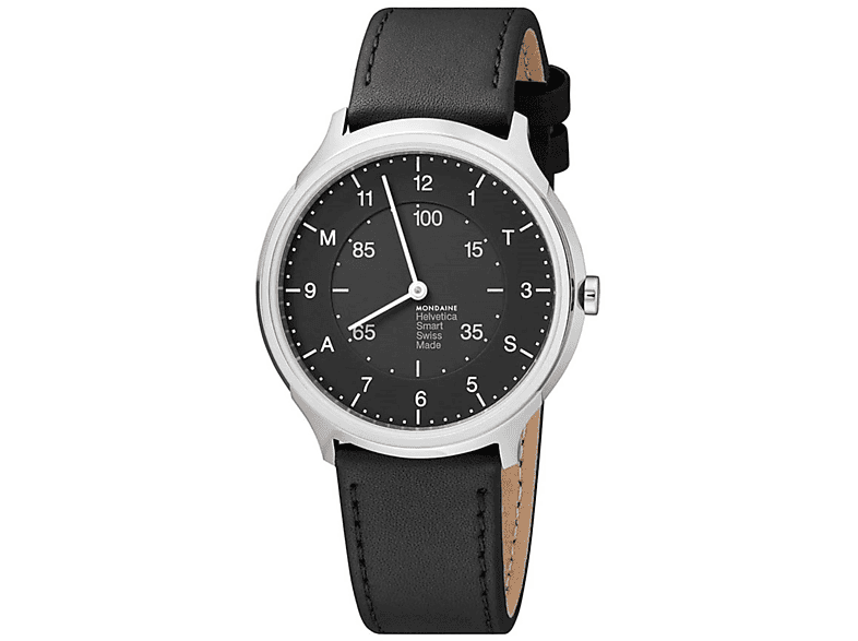 MONDAINE Helvetica Regular Smartwatch Hybrid Smartwatch Echtleder, Schwarz / Silber