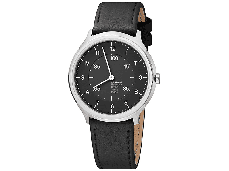 MONDAINE Helvetica Regular Smartwatch Hybrid Echtleder, Smartwatch Silber / Schwarz