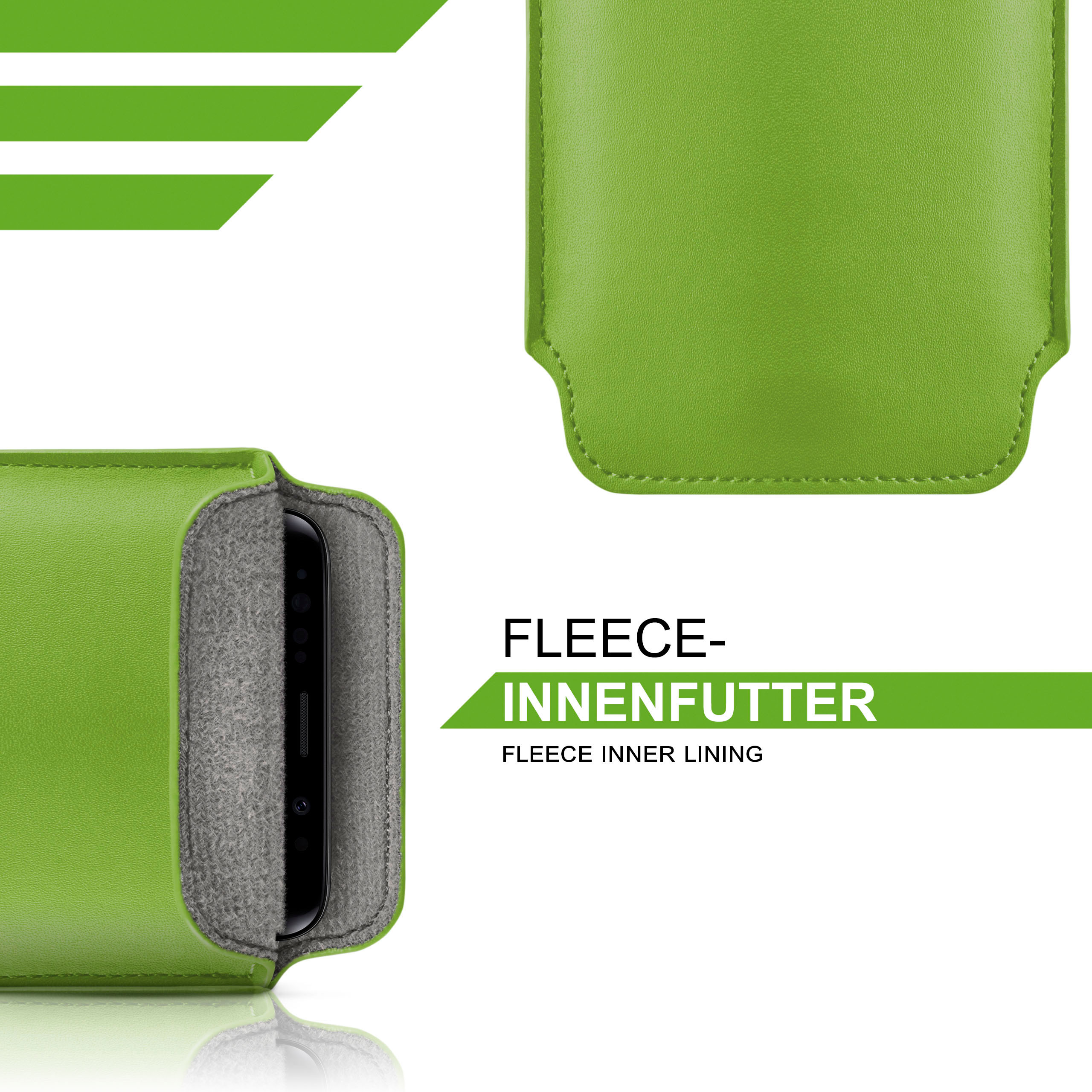 Grüne Handyhülle mit Telefon, das graues Fleece-Futter zeigt, und Text: 'Fleece Innenfutter'.