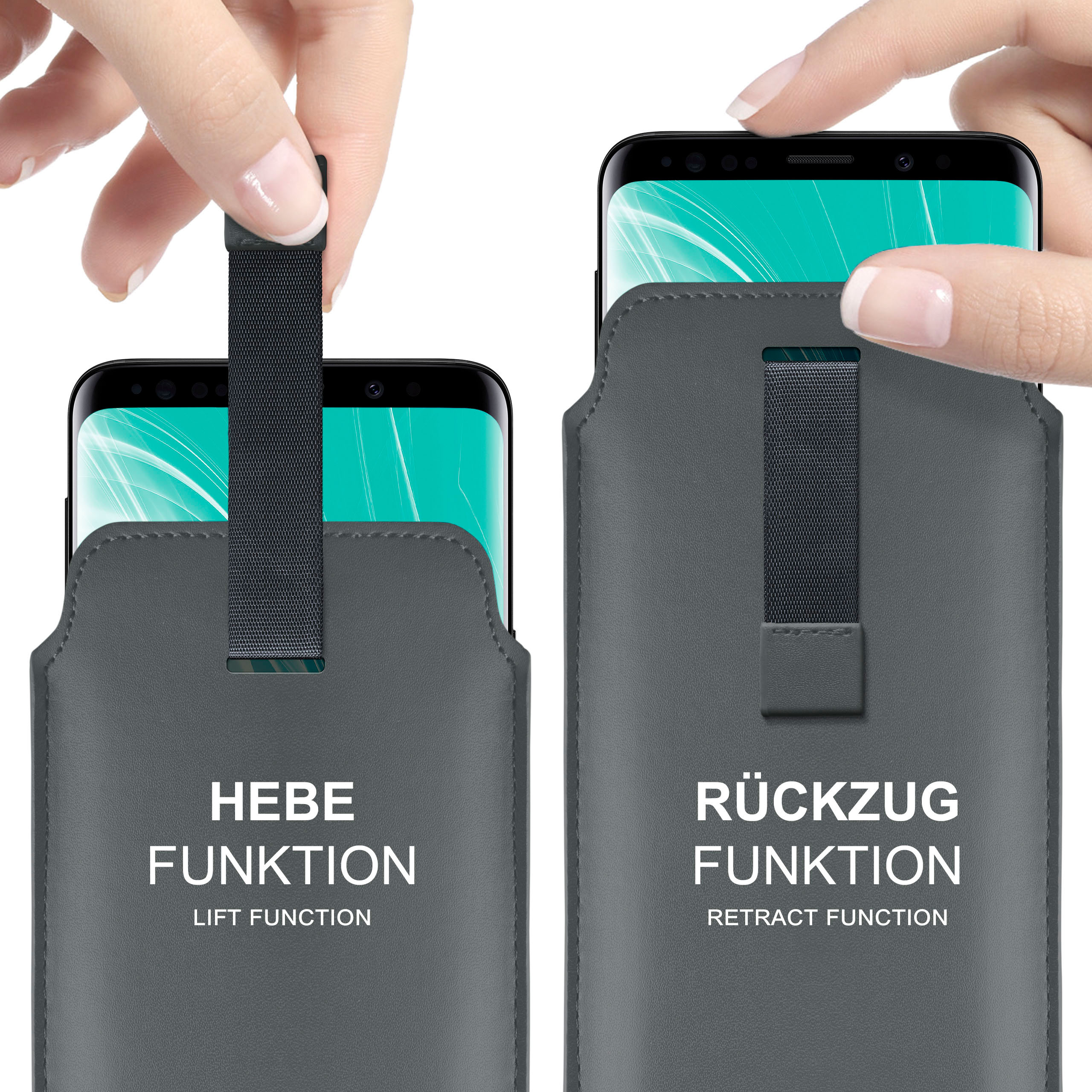 Zwei graue Handyhüllen mit Handys. Eine mit Hebefunktion, die andere mit Rückzug.