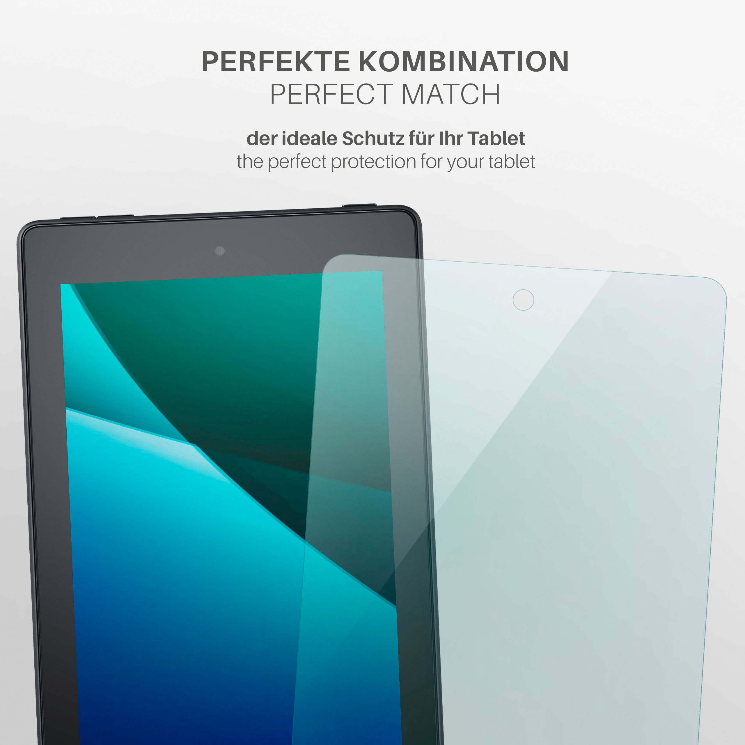Ein Tablet mit aufgebrachter Displayschutzfolie, mit dem Text 'Perfect Match'.