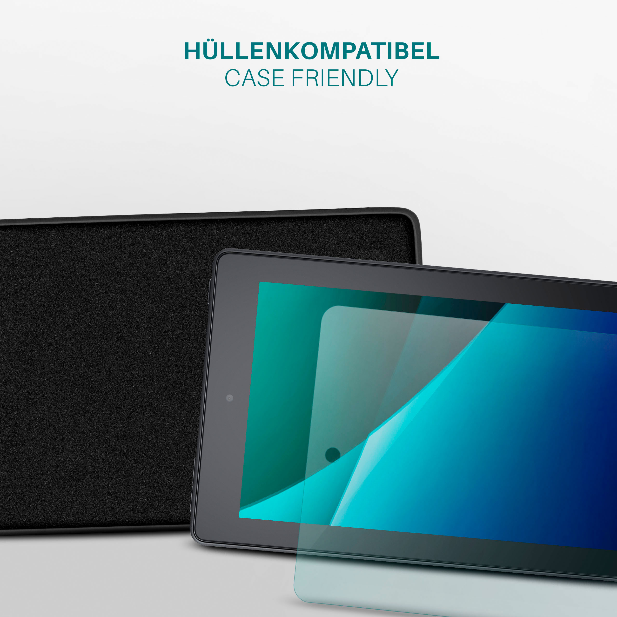 Tablet mit Displayschutzfolie und schwarzer Handyhülle. Text: HÜLLENKOMPATIBEL.