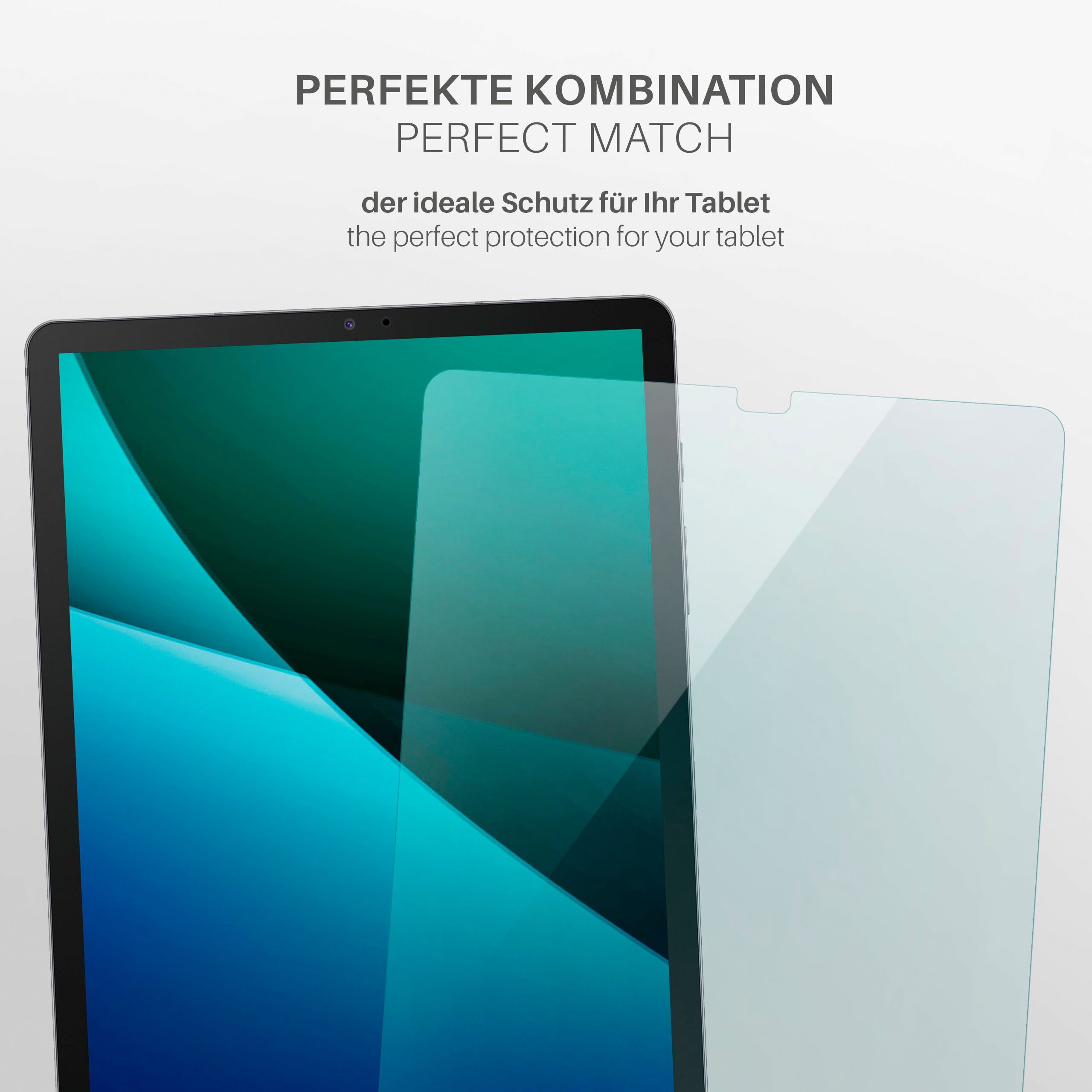 Tablet mit Displayschutz, Text: Perfekte Kombination, der perfekte Schutz für Ihr Tablet.