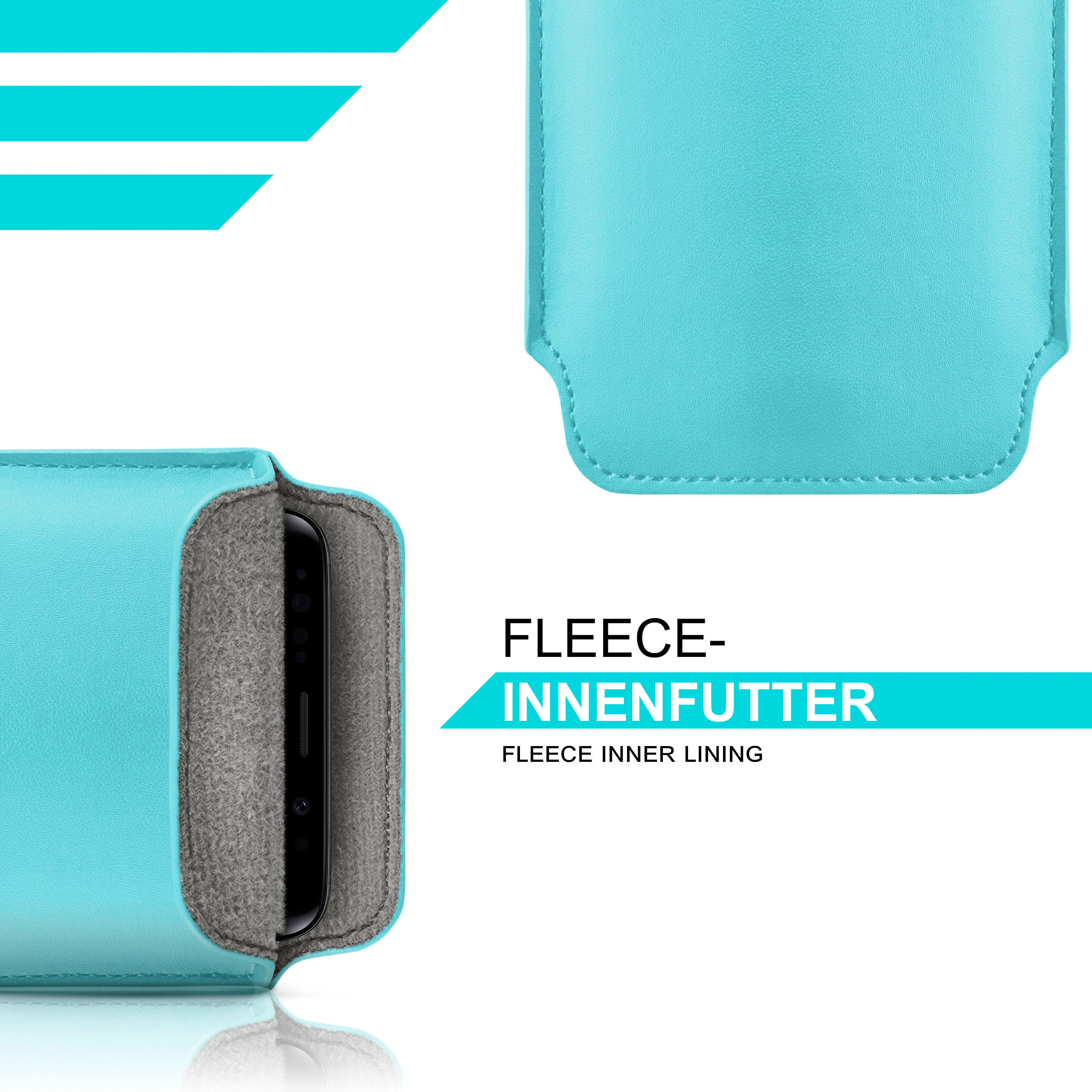 Ein Telefon in einer türkisfarbenen Hülle. Es hat ein Fleece-Innenfutter. Der Text lautet Fleece-Innenfutter.