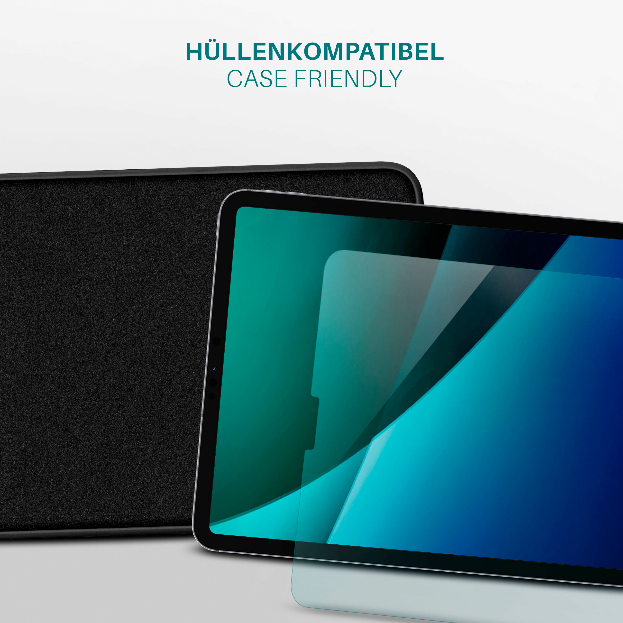 Tablet mit Hülle und Displayschutzfolie auf weißer Oberfläche. Der Text lautet "Case Friendly".