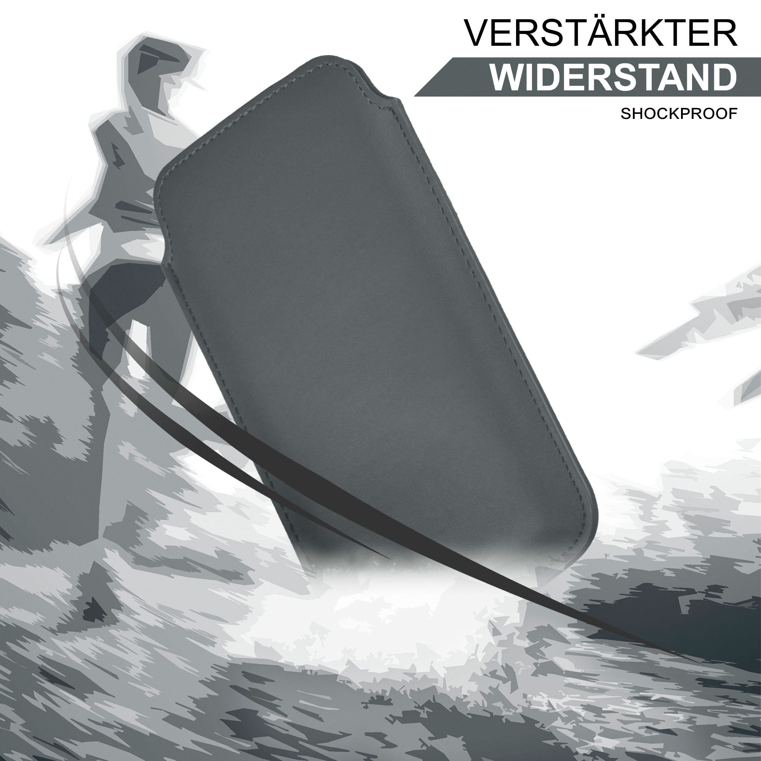 Graue Handyhülle. Text: Verstärkter Widerstand, Stoßfest. Ein Design aus Wasser und Bewegung im Hintergrund.