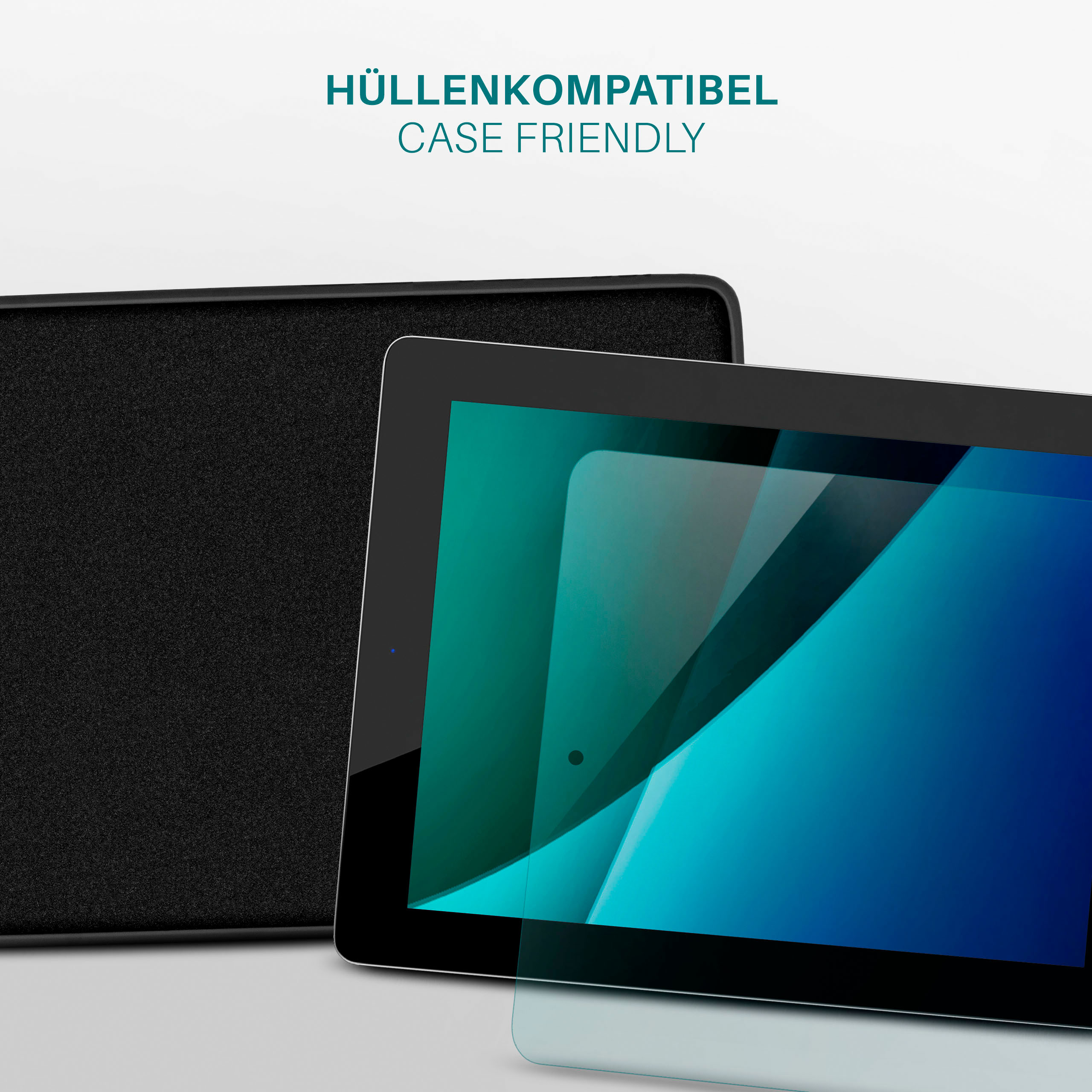 Tablet mit Displayschutzfolie neben schwarzem Case. Text: "HÜLLENKOMPATIBEL".