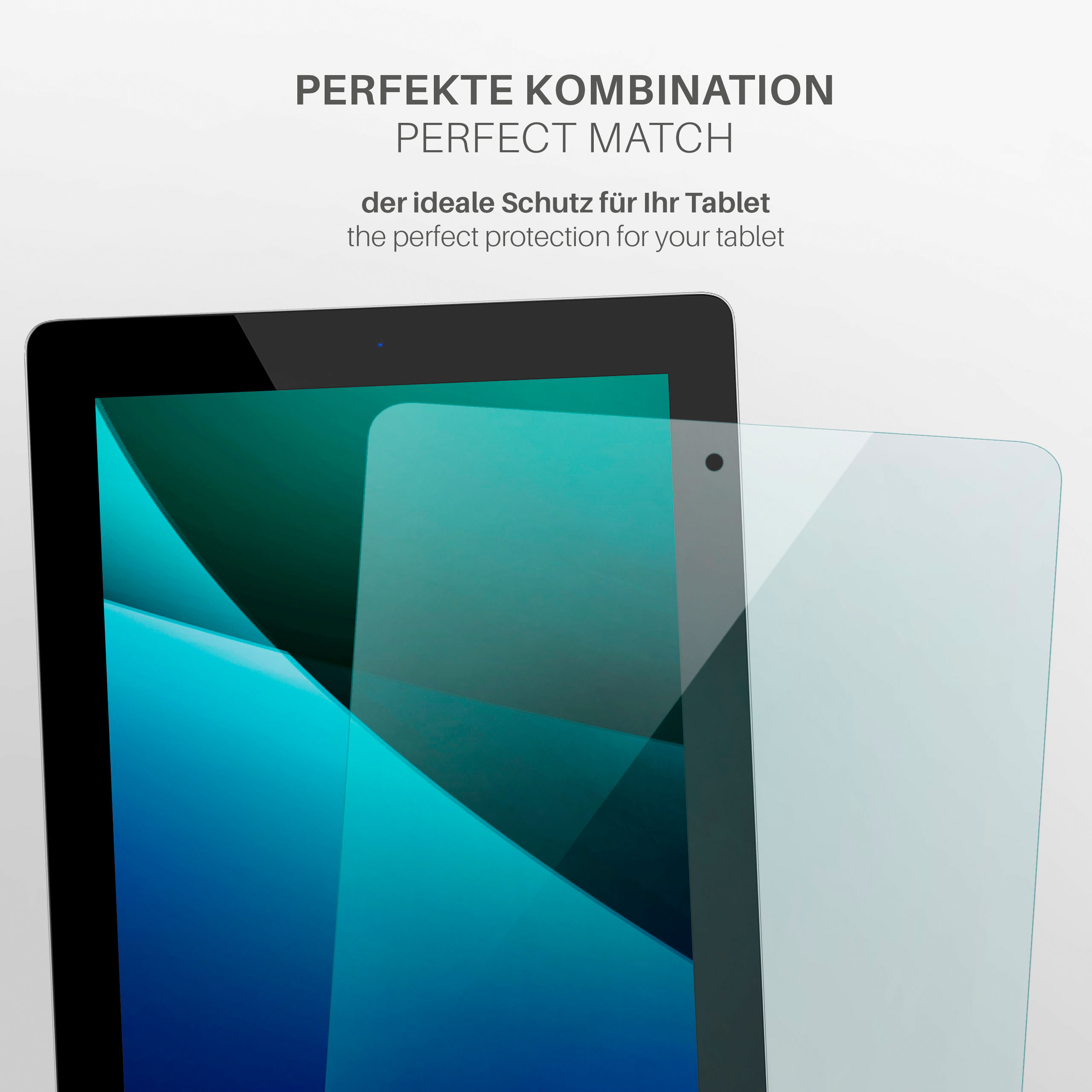 Tabletbildschirm mit angebrachtem Displayschutz. Text: PERFEKTE KOMBINATION, der ideale Schutz für Ihr Tablet.