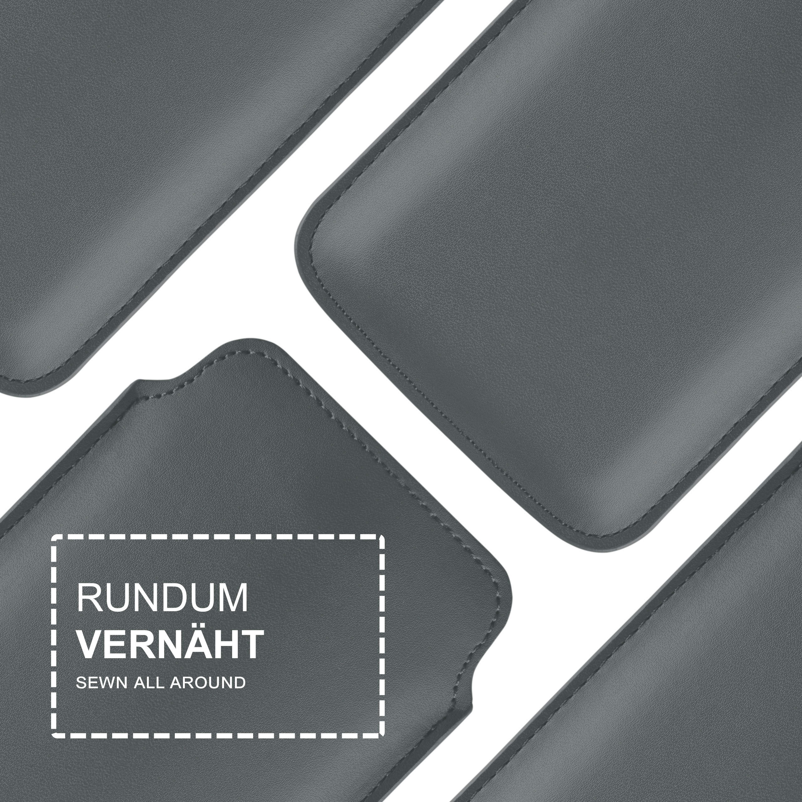 Graue Handyhüllen-Teile, Text 'RUNDUM VERNÄHT' und 'SEWN ALL AROUND' mit weißem Rahmen sind vorhanden.