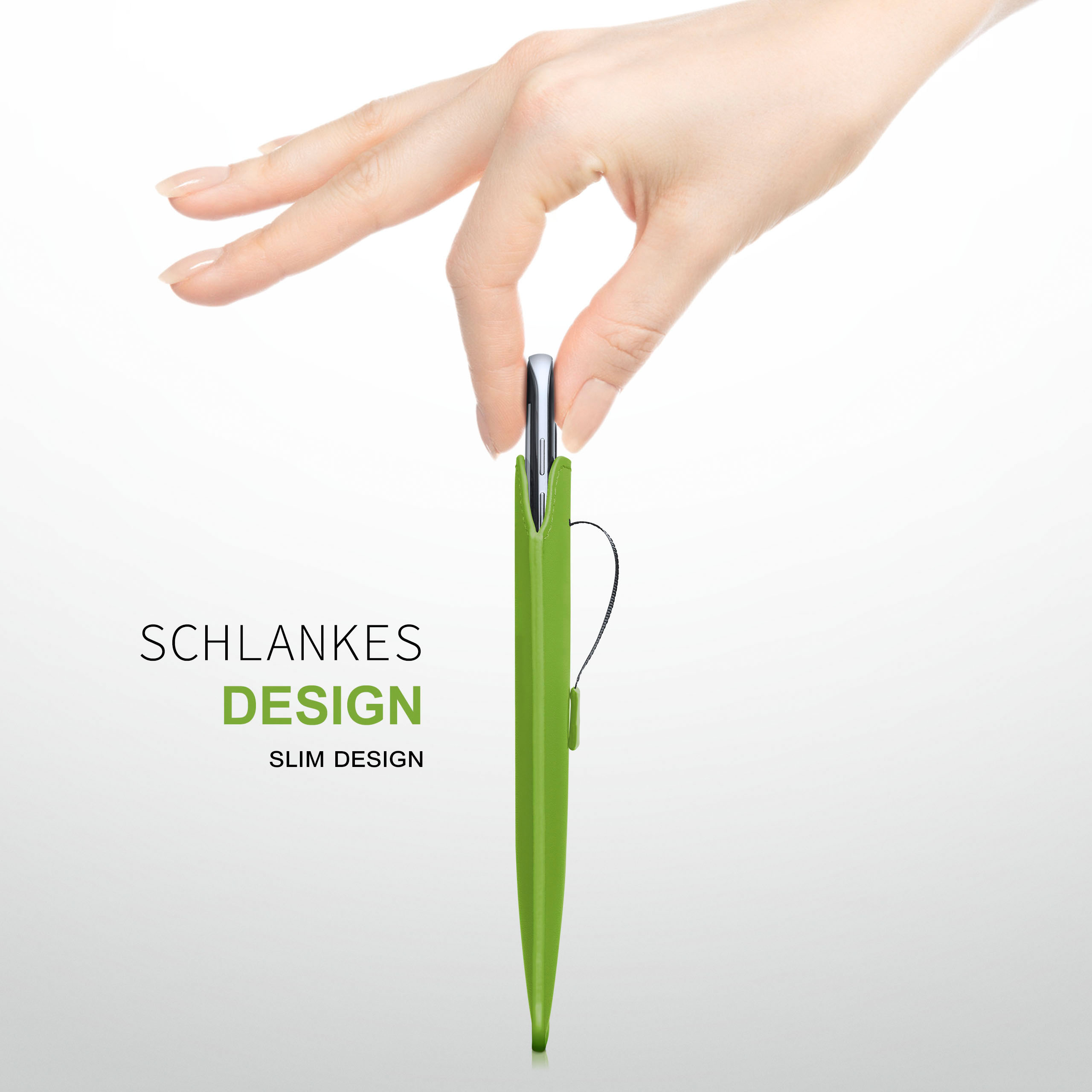 Eine Hand hält einen grünen stiftartigen Gegenstand. Der Gegenstand hat die Worte schlankes Design.