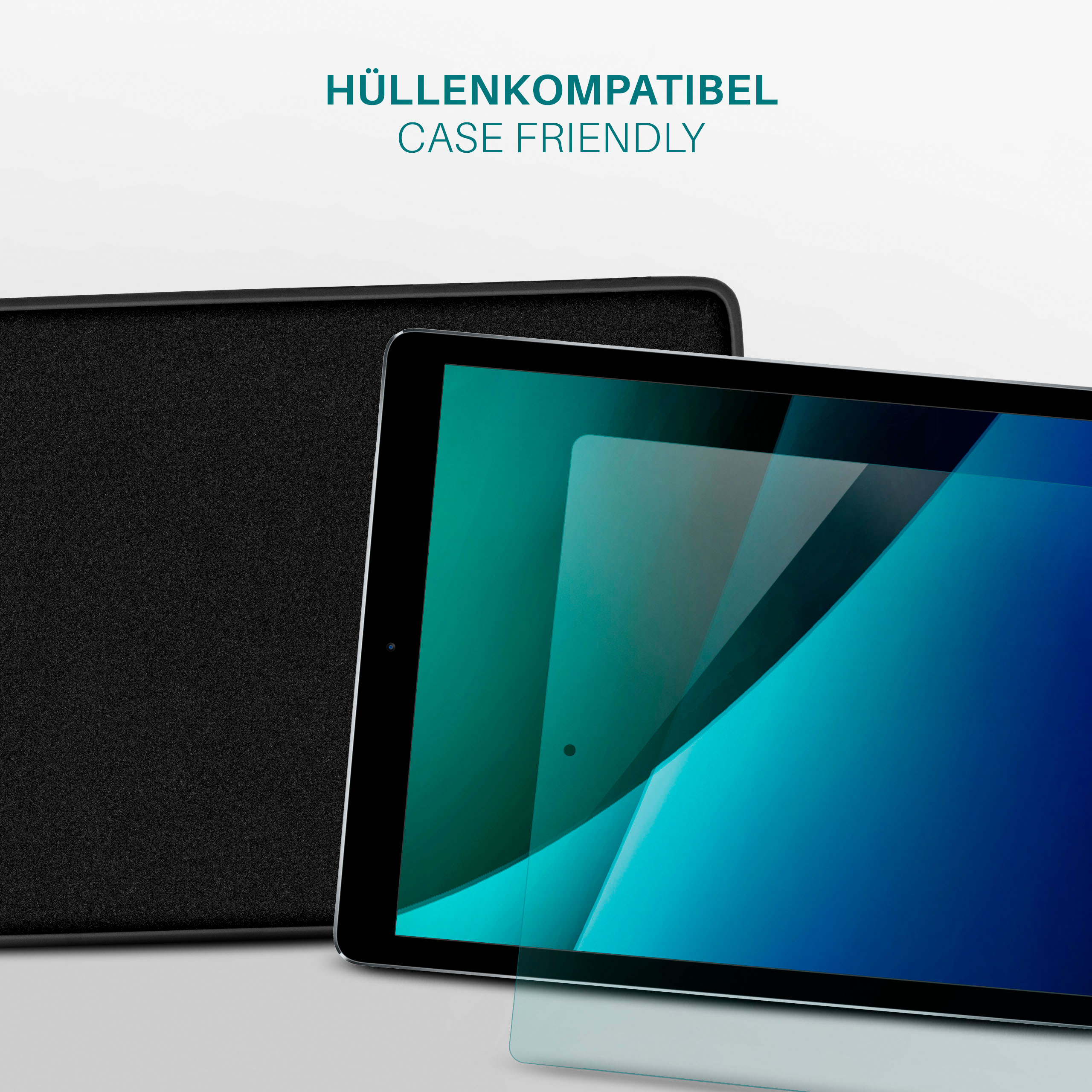Eine schwarze Tablettenhülle neben einem Tablet, die Hülle ist texturiert. Text sagt Case Friendly.