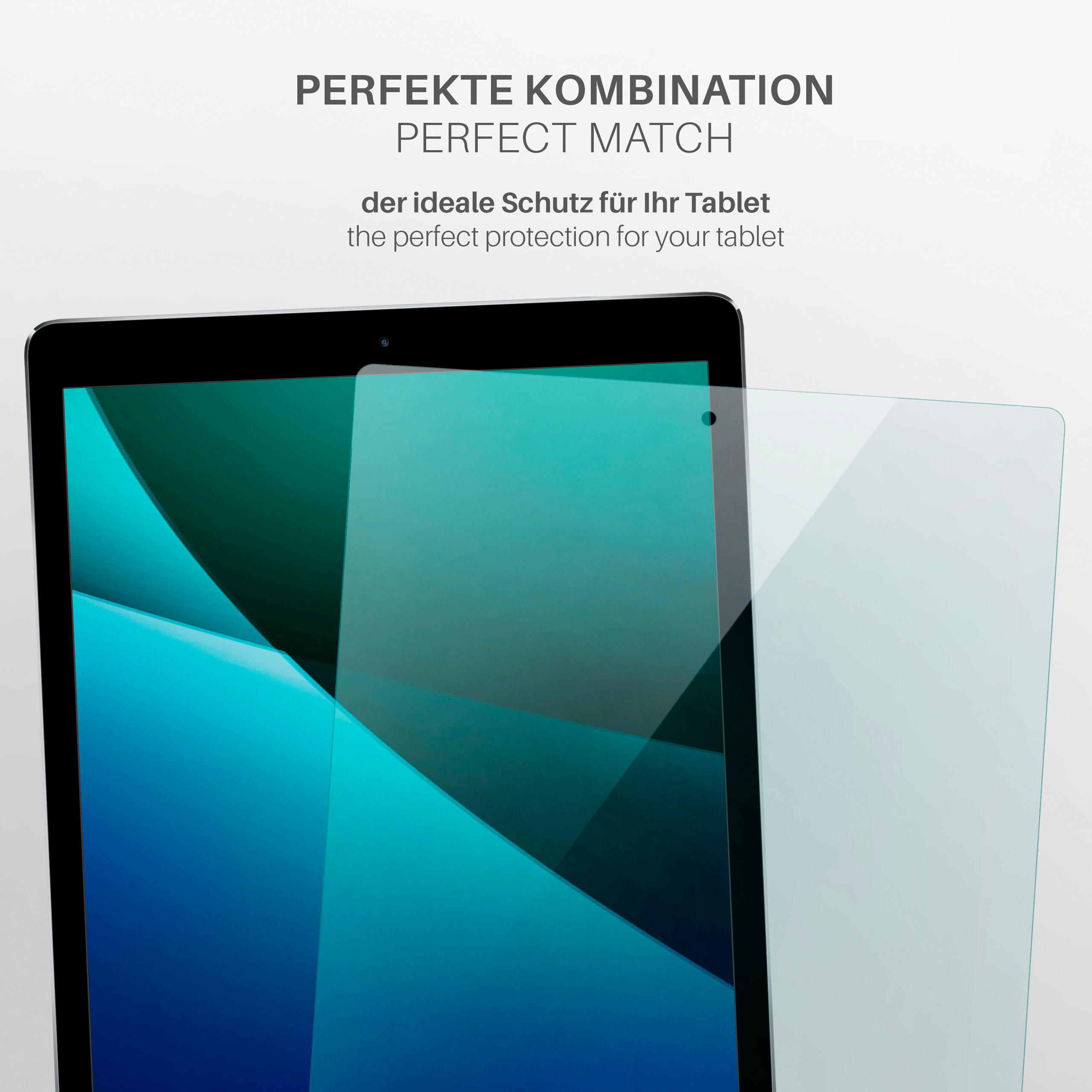 Tabletschutzfolie wird auf einen Tablet-Bildschirm aufgetragen, mit Text über perfekten Schutz.