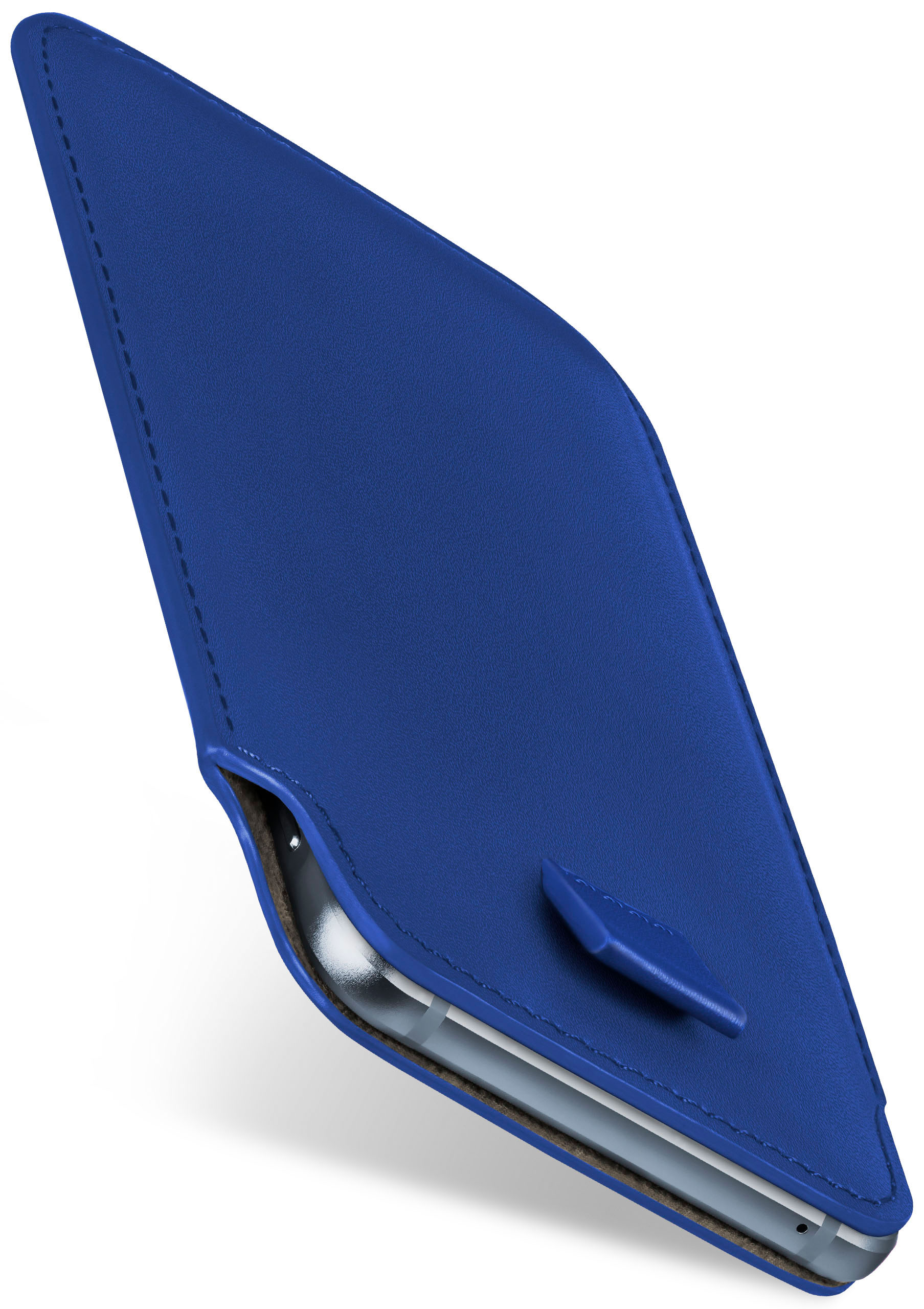 Blaue Telefonhülle, angewinkelt und offen. Ein Telefon ist darin sichtbar. Weißer Hintergrund.
