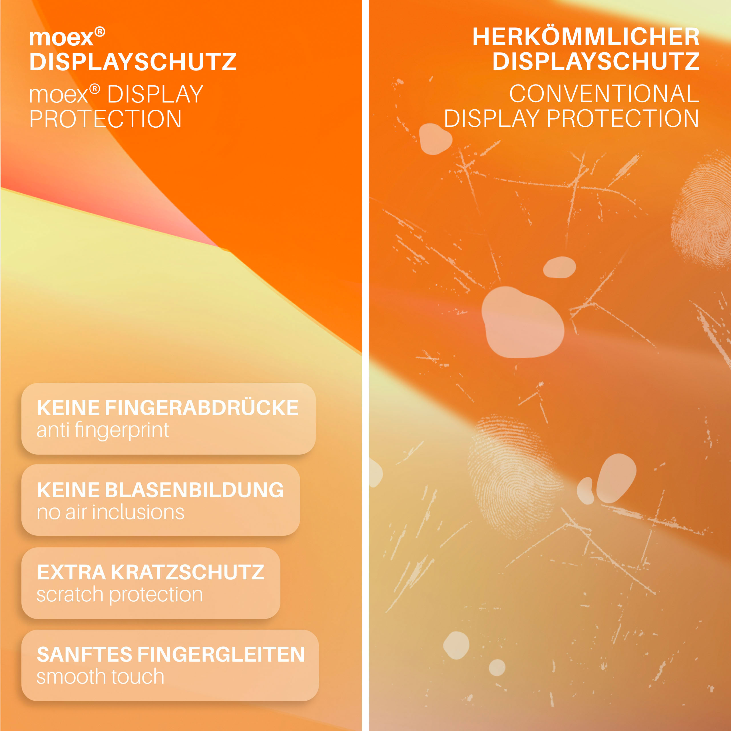 Zwei Tafeln, die den Displayschutz vergleichen. Eine verwendet den Markennamen, die andere zeigt herkömmlichen Displayschutz.