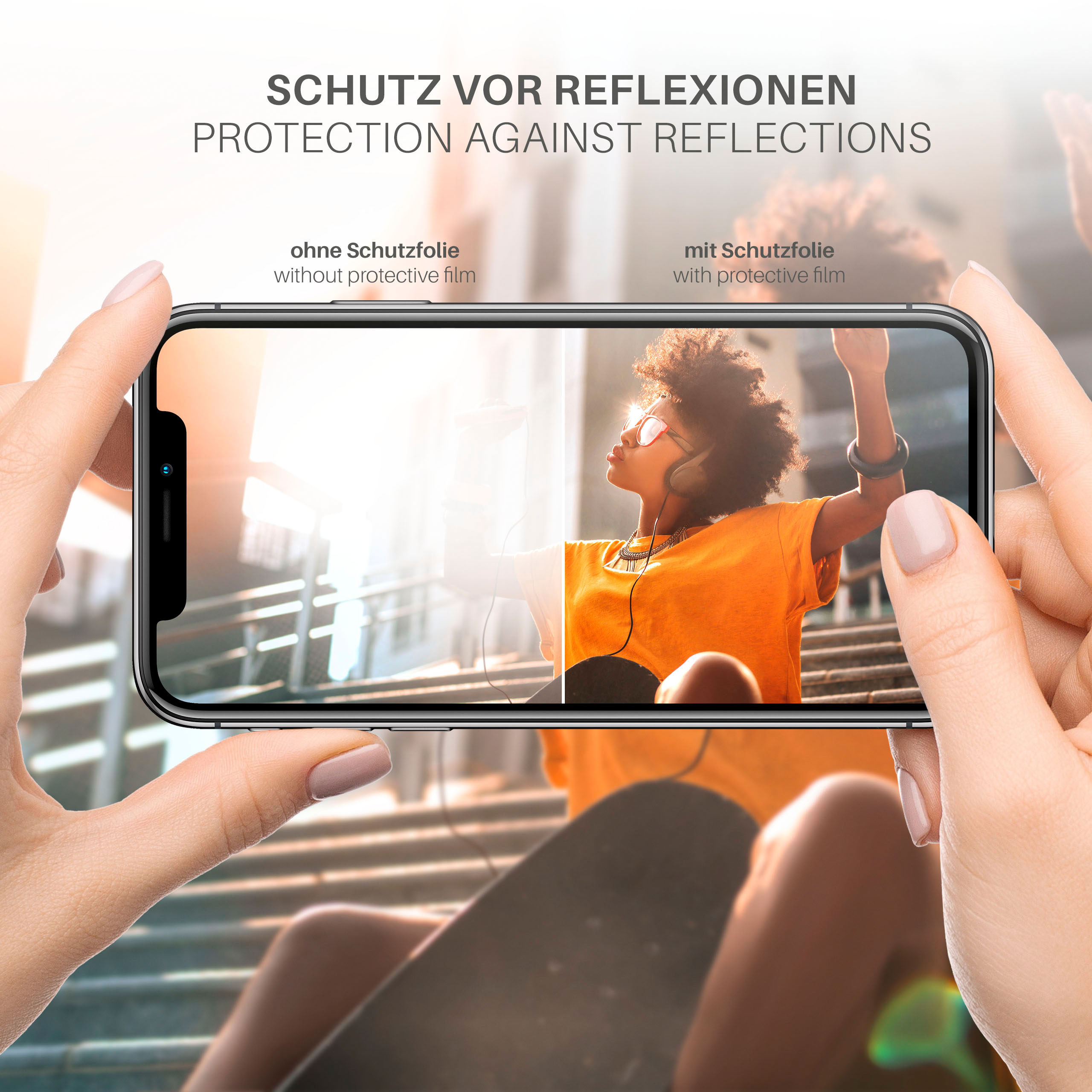 Handy-Bildschirmvergleich: ohne und mit Schutzfolie. Eine Frau im orangefarbenen Hemd ist sichtbar.