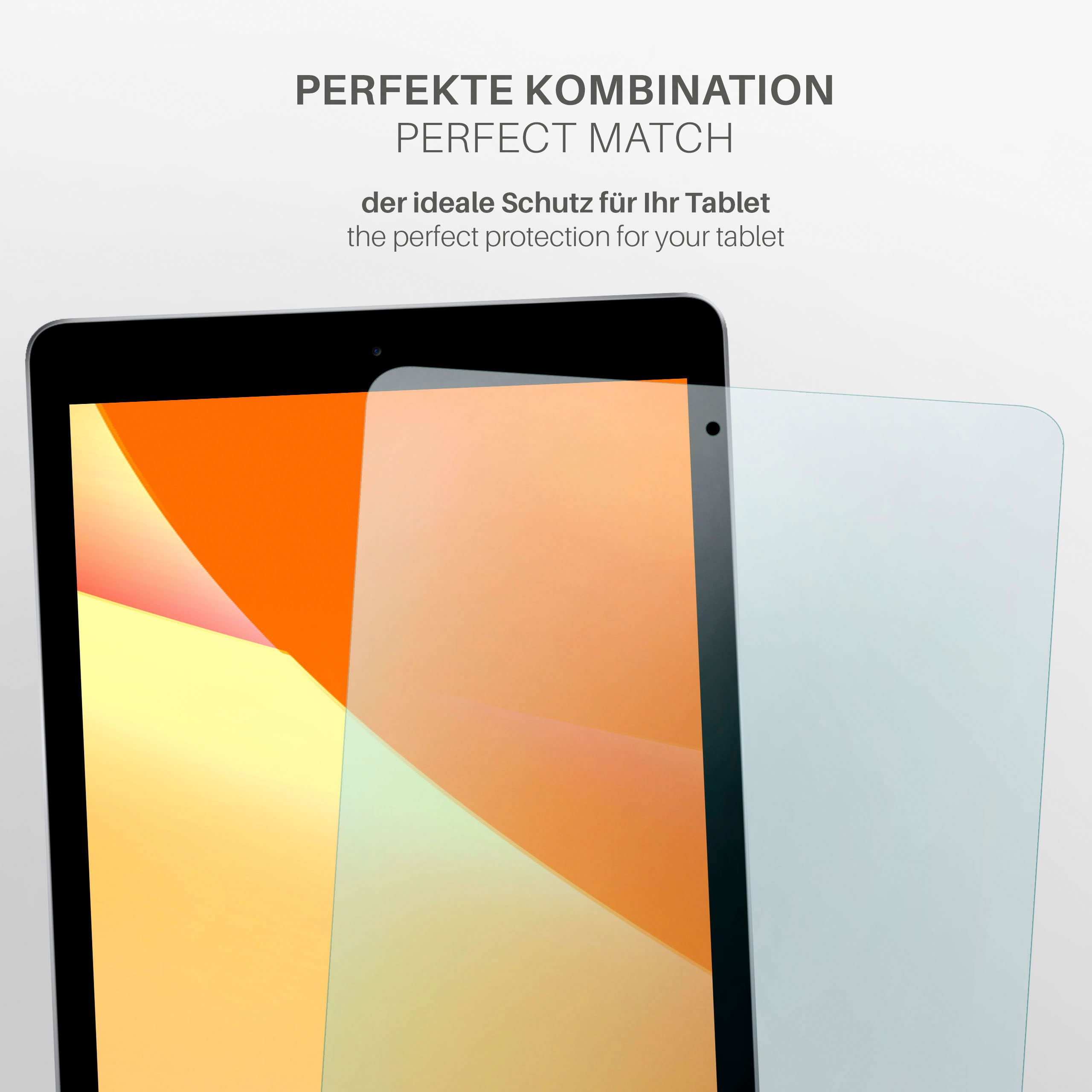 Tablet mit aufgebrachter Displayschutzfolie; Textüberlagerung: Perfekte Passform.