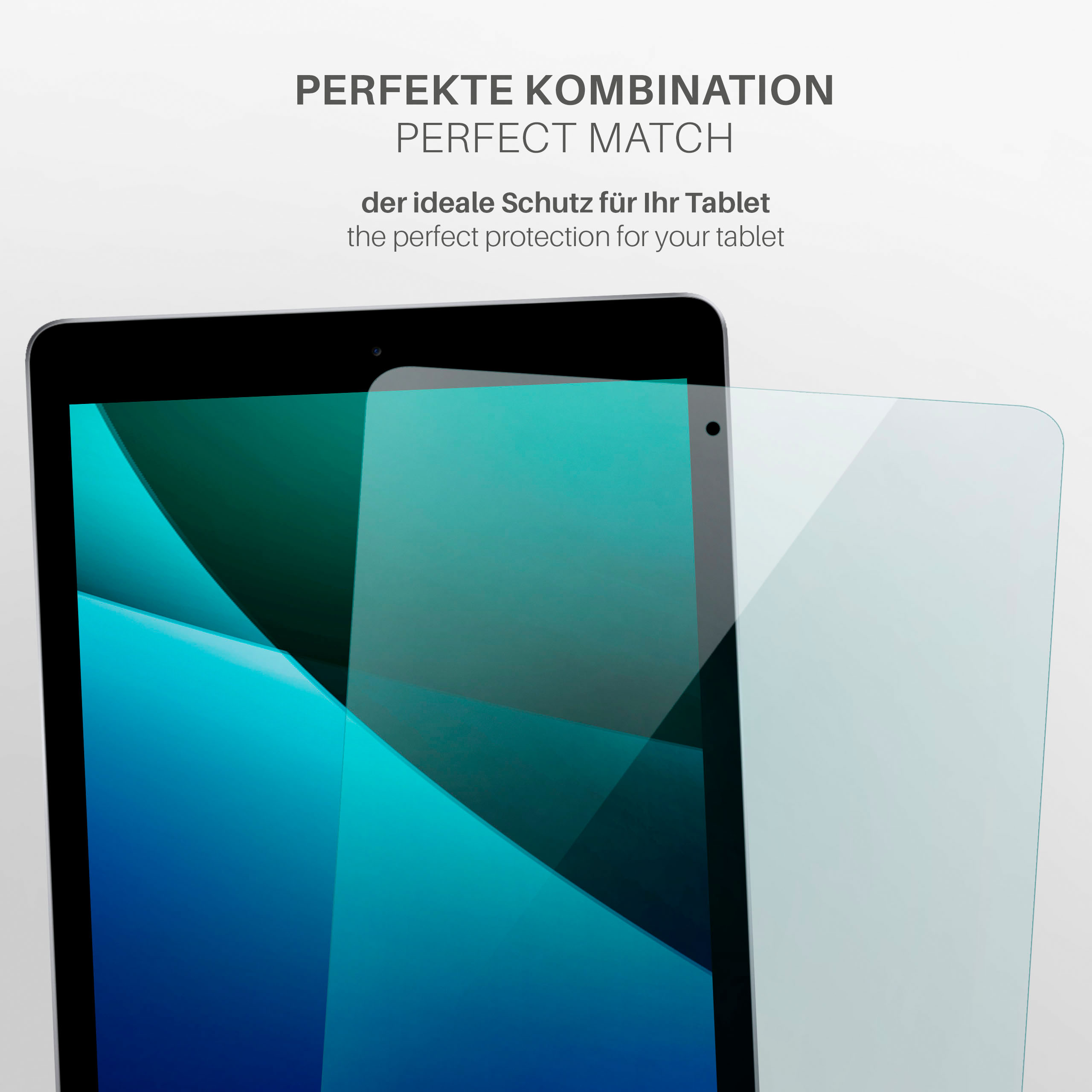Ein Tablet mit angebrachter Displayschutzfolie. Text zeigt perfekte Übereinstimmung und idealen Schutz.