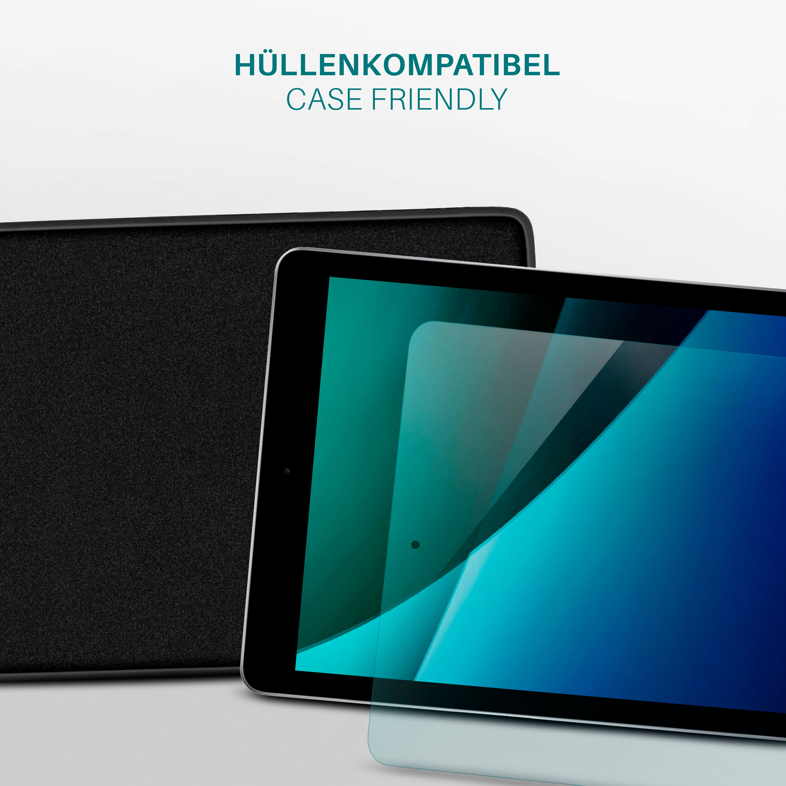 Eine schwarze Hülle und ein Tablet mit einem Bildschirm, der ein blaues und grünes Bild zeigt.