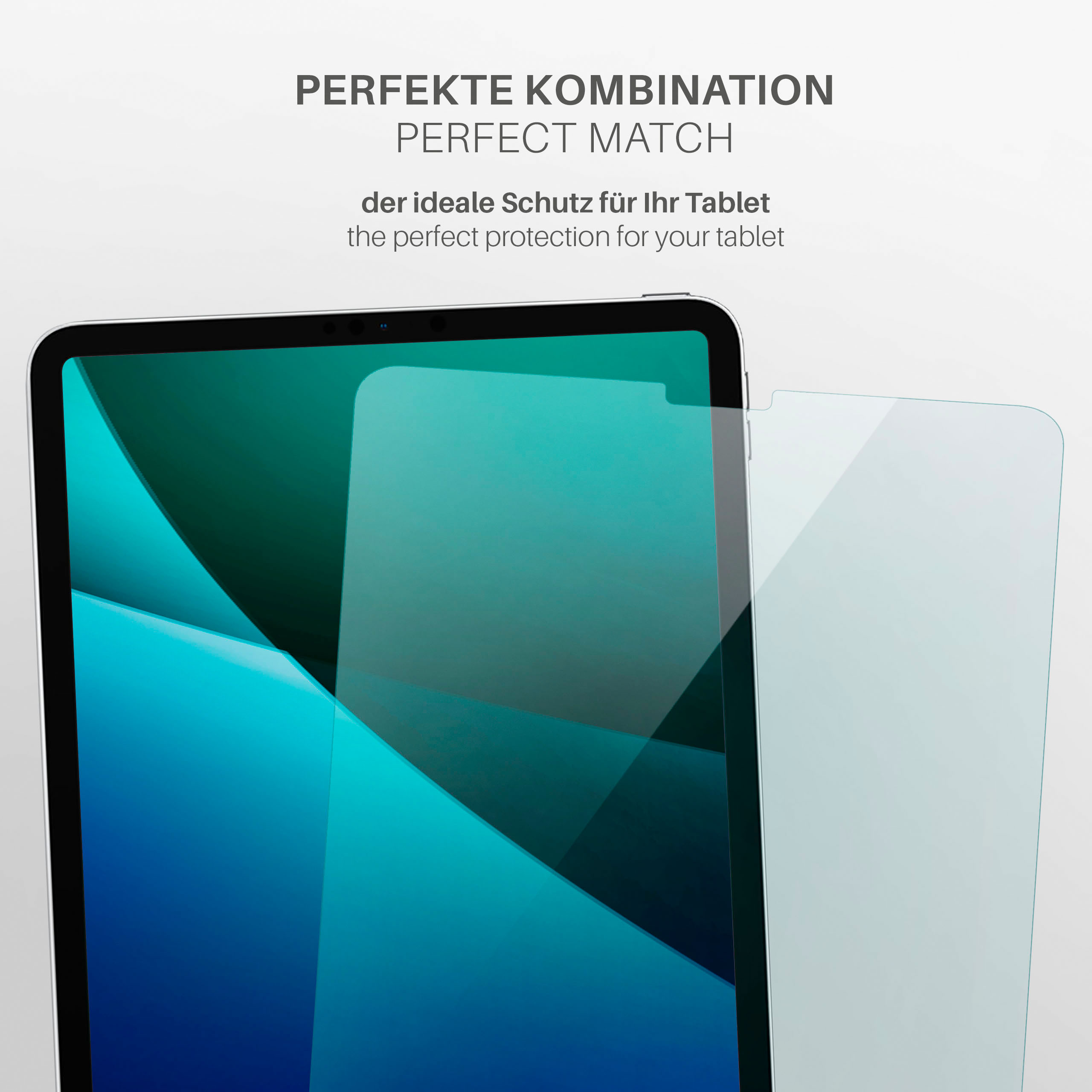 Tablet mit aufgetragener Displayschutzfolie. Blauer Bildschirm, klarer Schutz und Hintergrund.