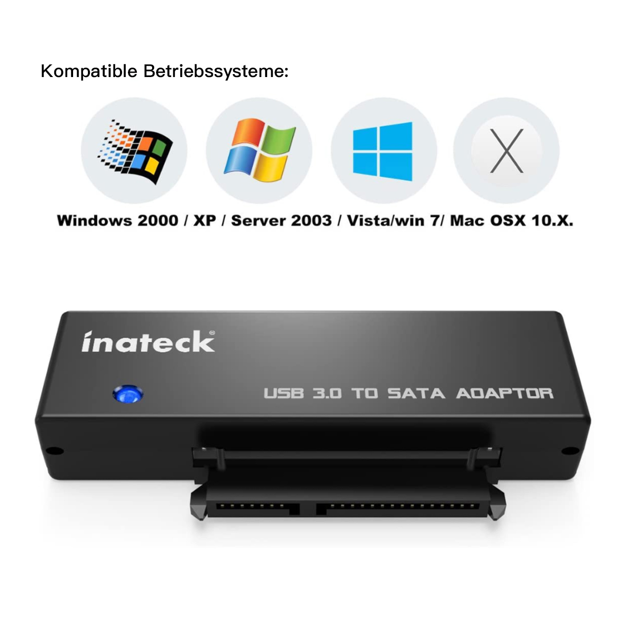 Schwarzer USB-3.0-zu-SATA-Adapter mit Windows-, XP-, Vista-, Windows-7- und Mac-OS-X-Symbolen. Marke Inateck.