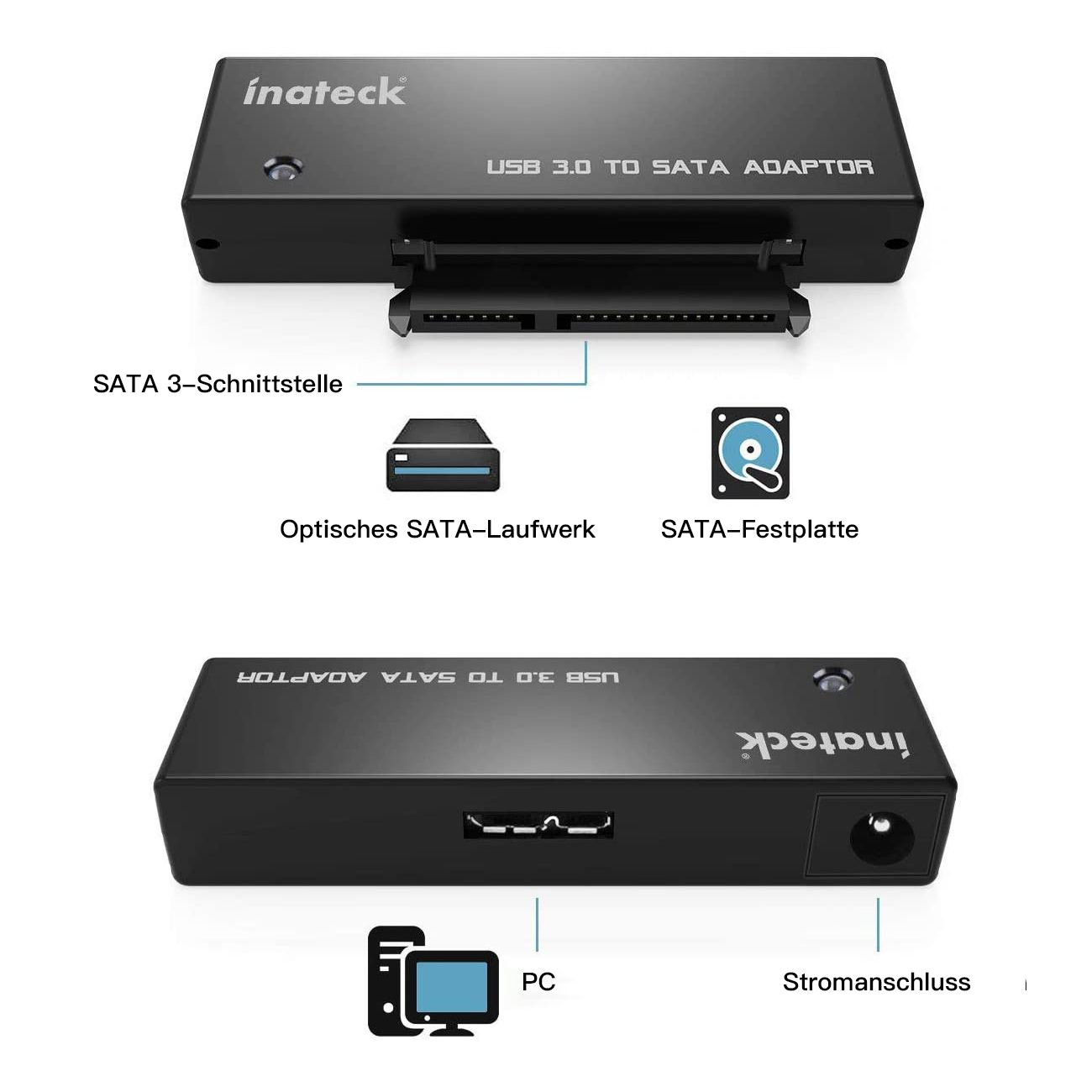 Schwarzer USB 3.0-zu-SATA-Adapter, mit beschrifteten Teilen und Anschlüssen.