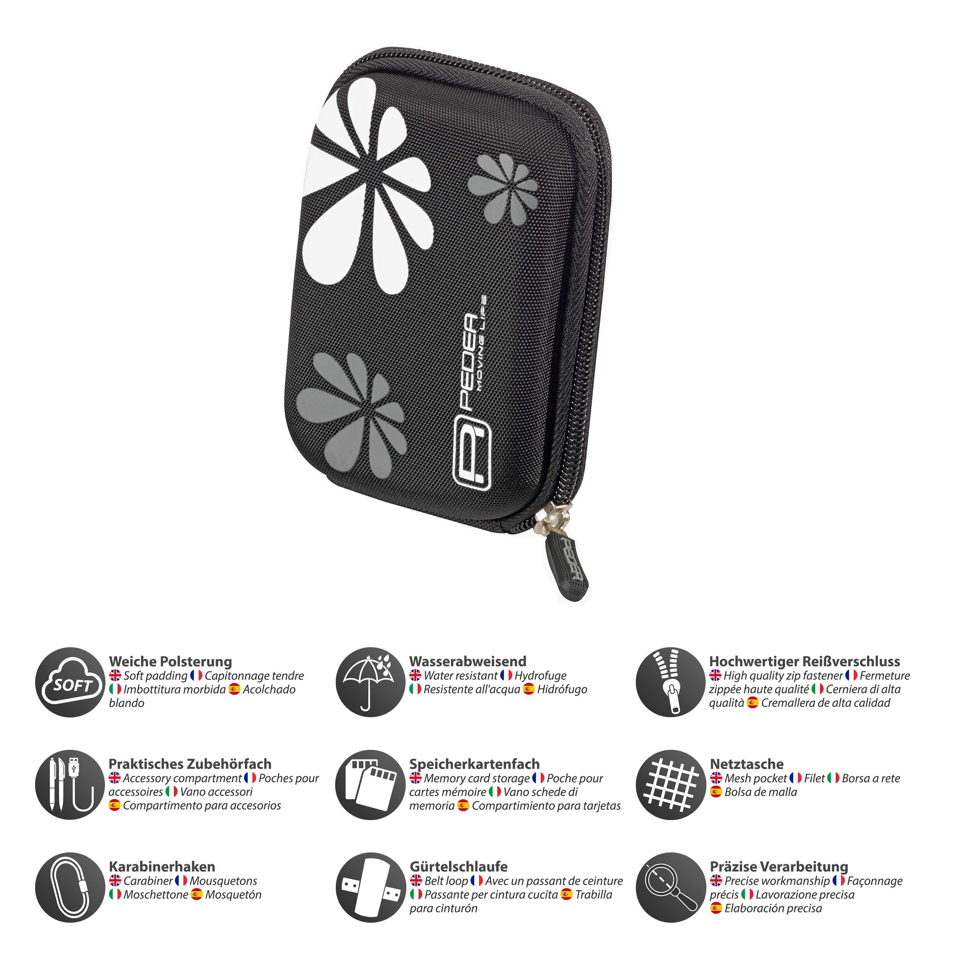Schwarze Hülle mit floralem Design, Reißverschluss und Zubehörsymbolen.