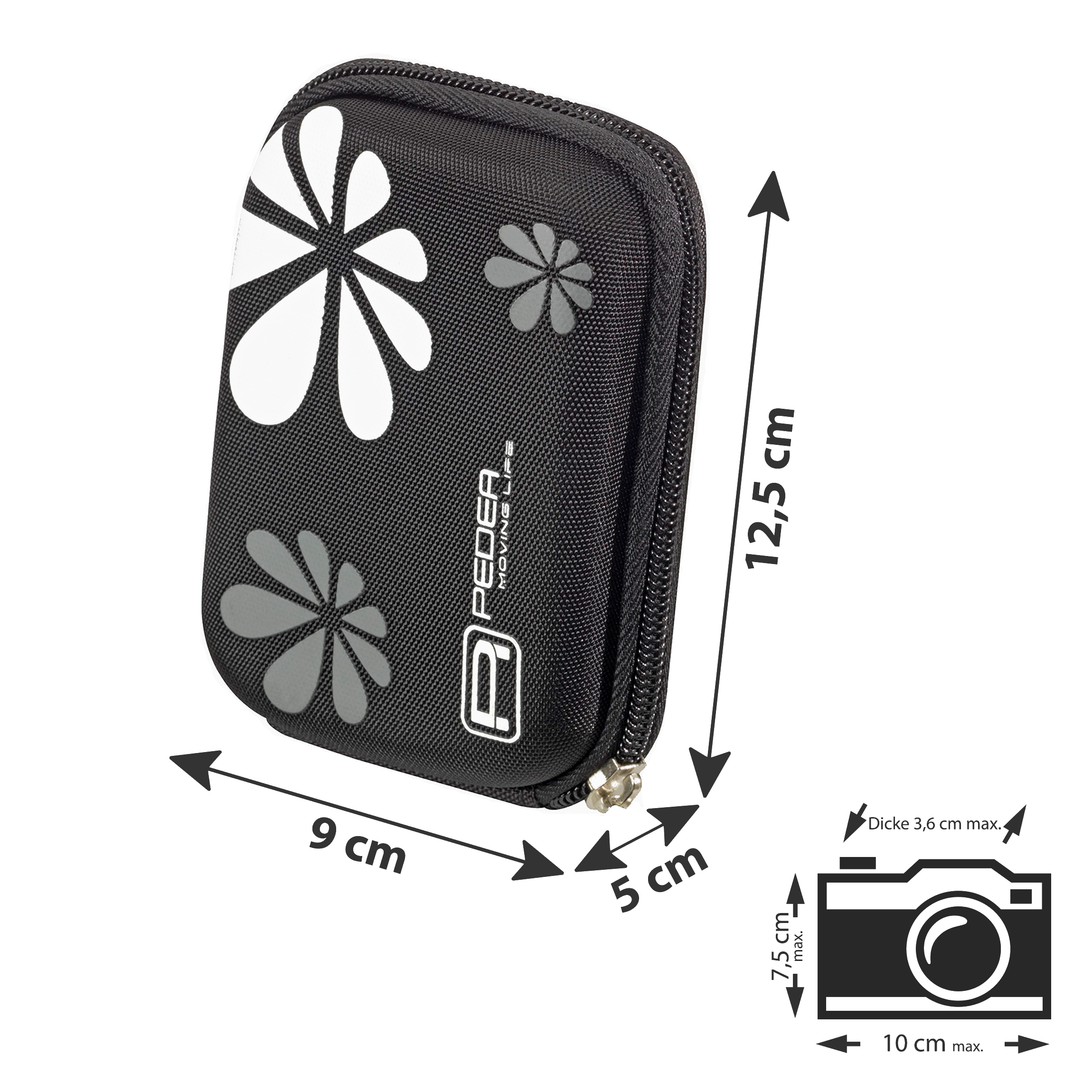 Schwarzes Etui mit weißem und grauem Blumendesign. Mit Reißverschluss und Maßen.