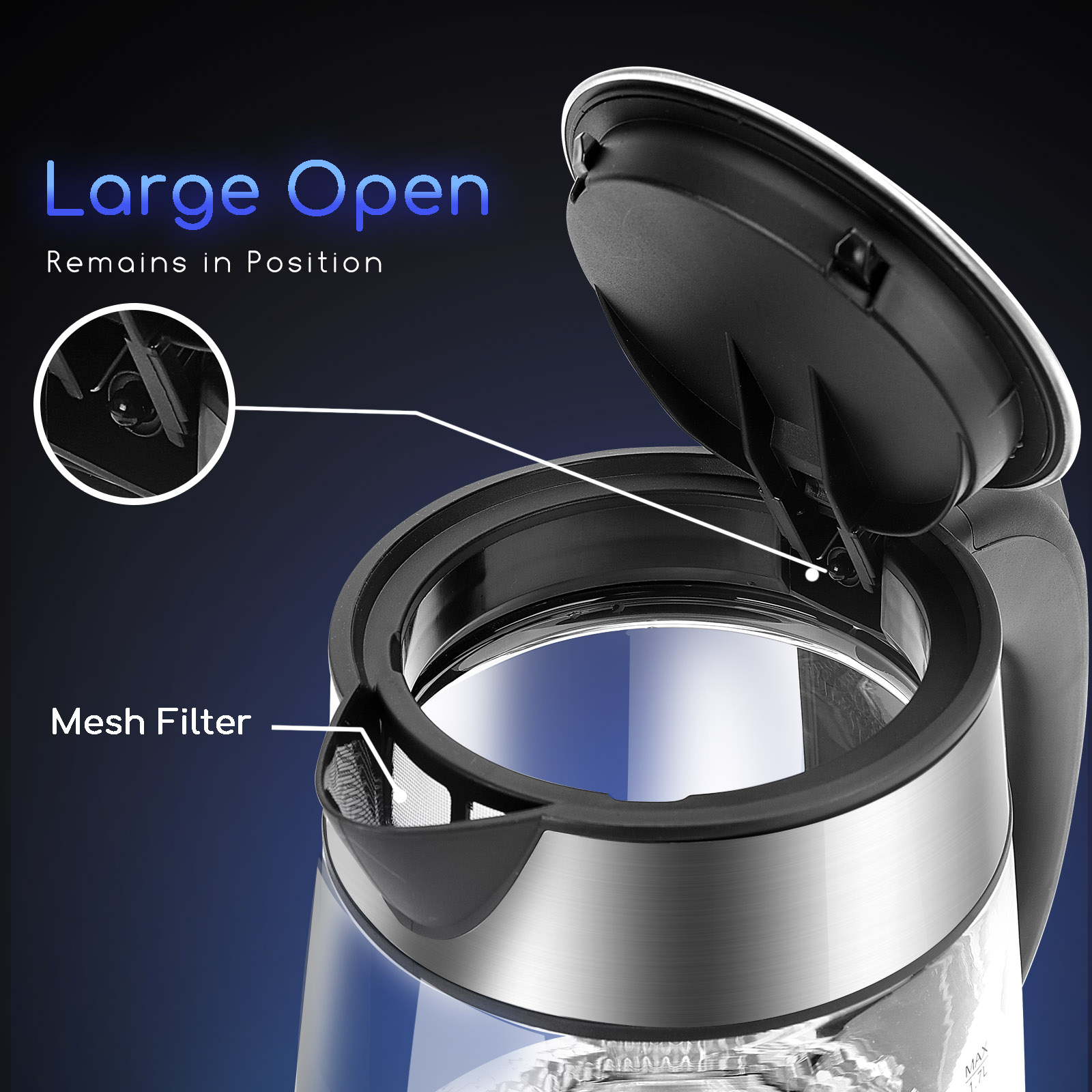 Ein offener Glaskessel mit Netzfilter, Deckel offen. Text: Large Open, Mesh Filter.