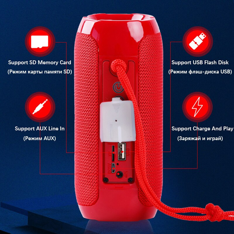 Roter Lautsprecher mit mehreren Anschlüssen und Beschriftungen. Text: SD-Karte, USB-Flash-Disk, AUX-Leitung, Laden und Abspielen.