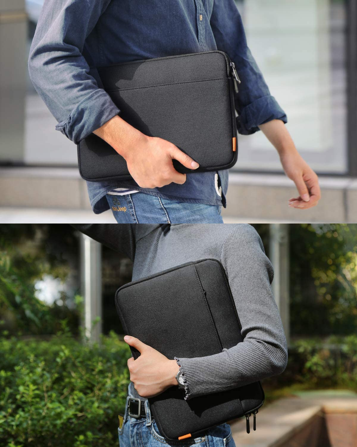 Zwei Personen halten schwarze Laptop-Hüllen. Einer mit grauem Hemd und der andere mit blauem Hemd.