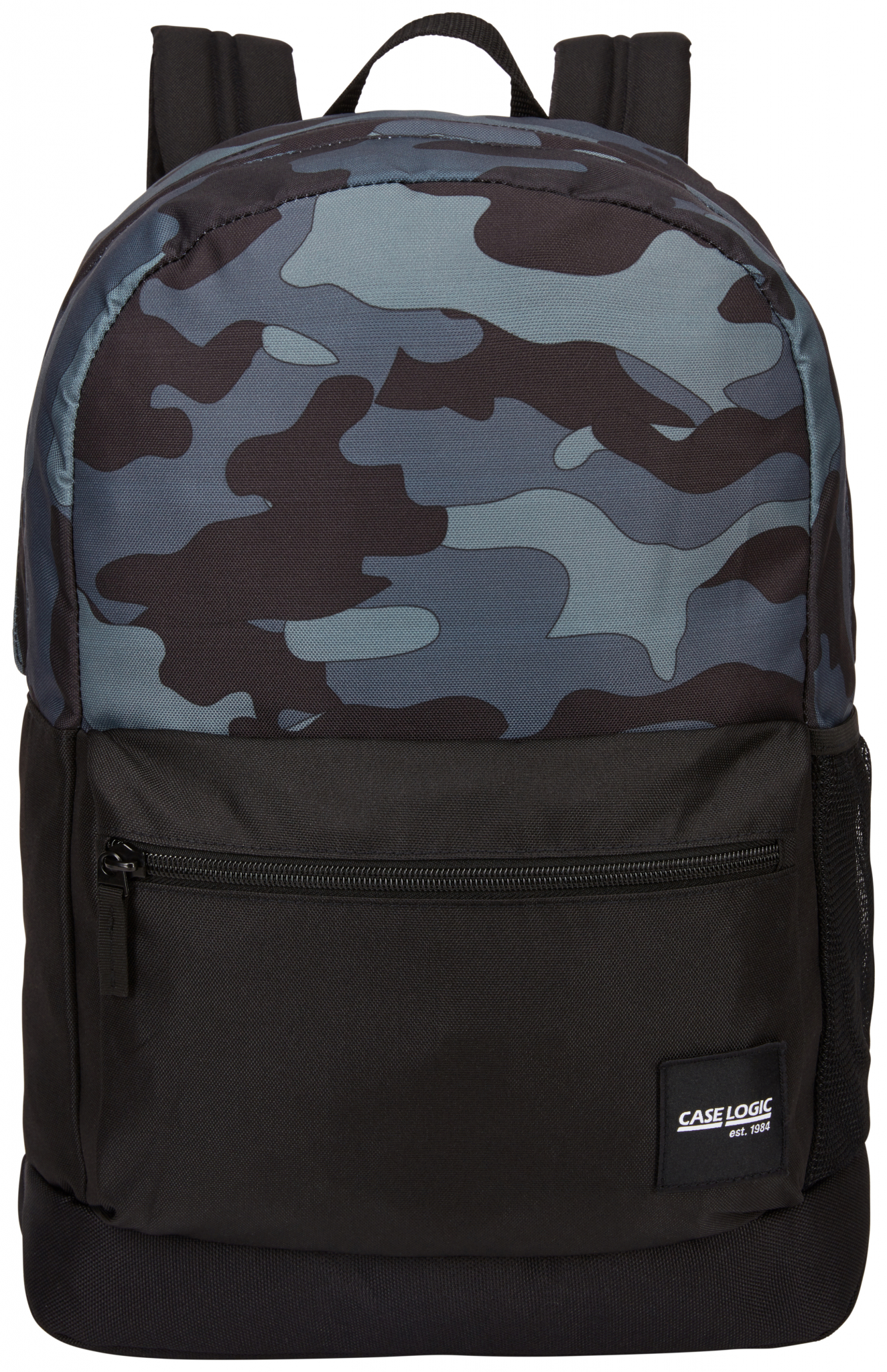 Schwarzer Rucksack mit Tarnmuster oben und Vordertasche. Der Markenname steht unten.