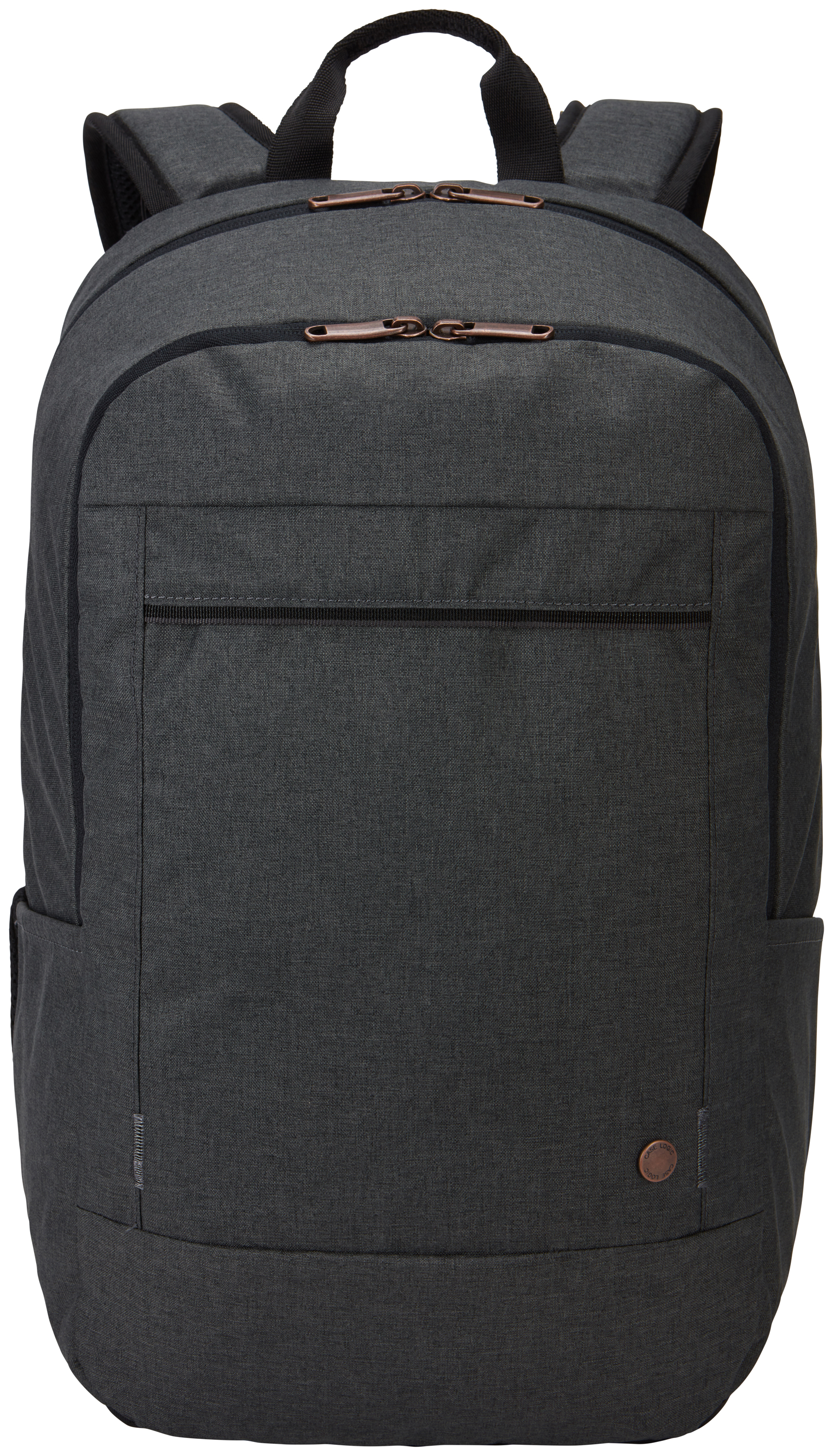 Schwarzer Rucksack mit Vordertasche und oberem Griff. Grauer Hintergrund. Einfaches Design.