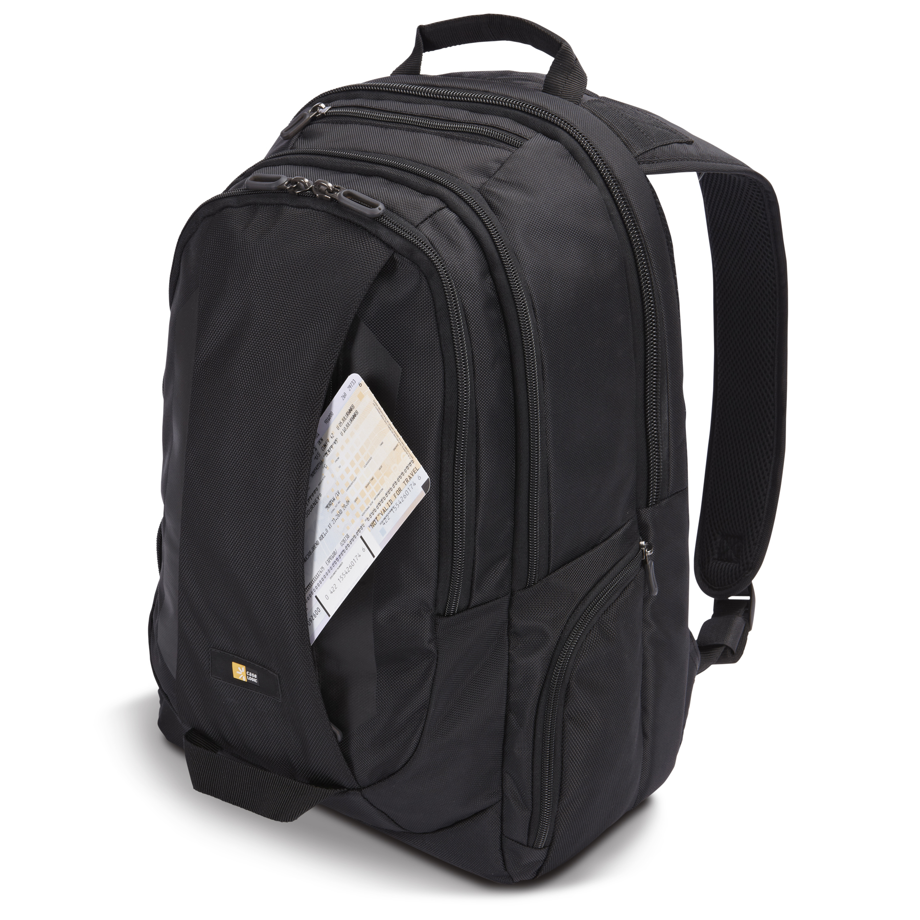 Schwarzer Rucksack mit einer Tasche, die ein Ticket und einen Reißverschluss zeigt.