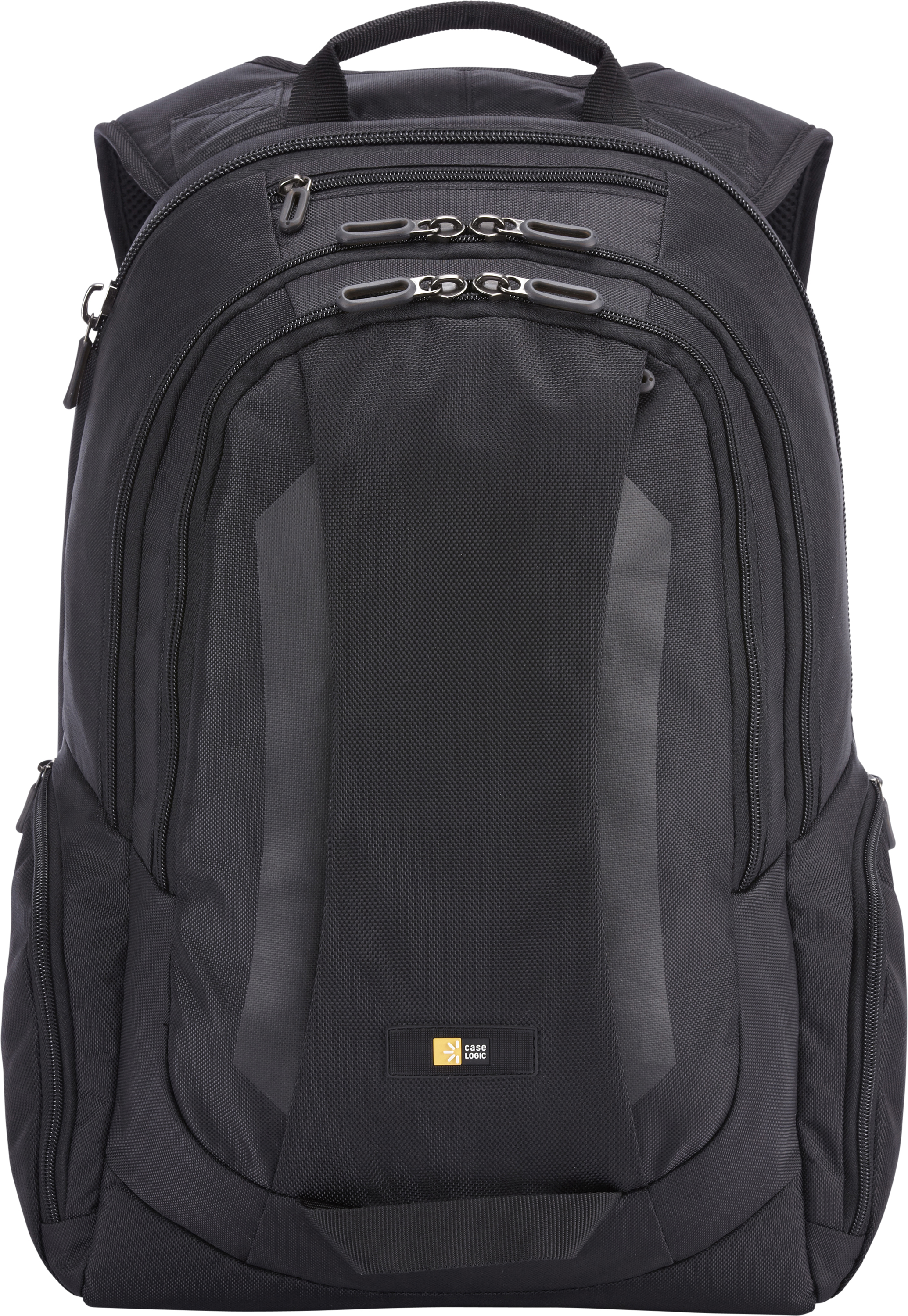 Ein schwarzer Rucksack auf weißem Hintergrund. Der Rucksack hat mehrere Fächer und Reißverschlüsse.