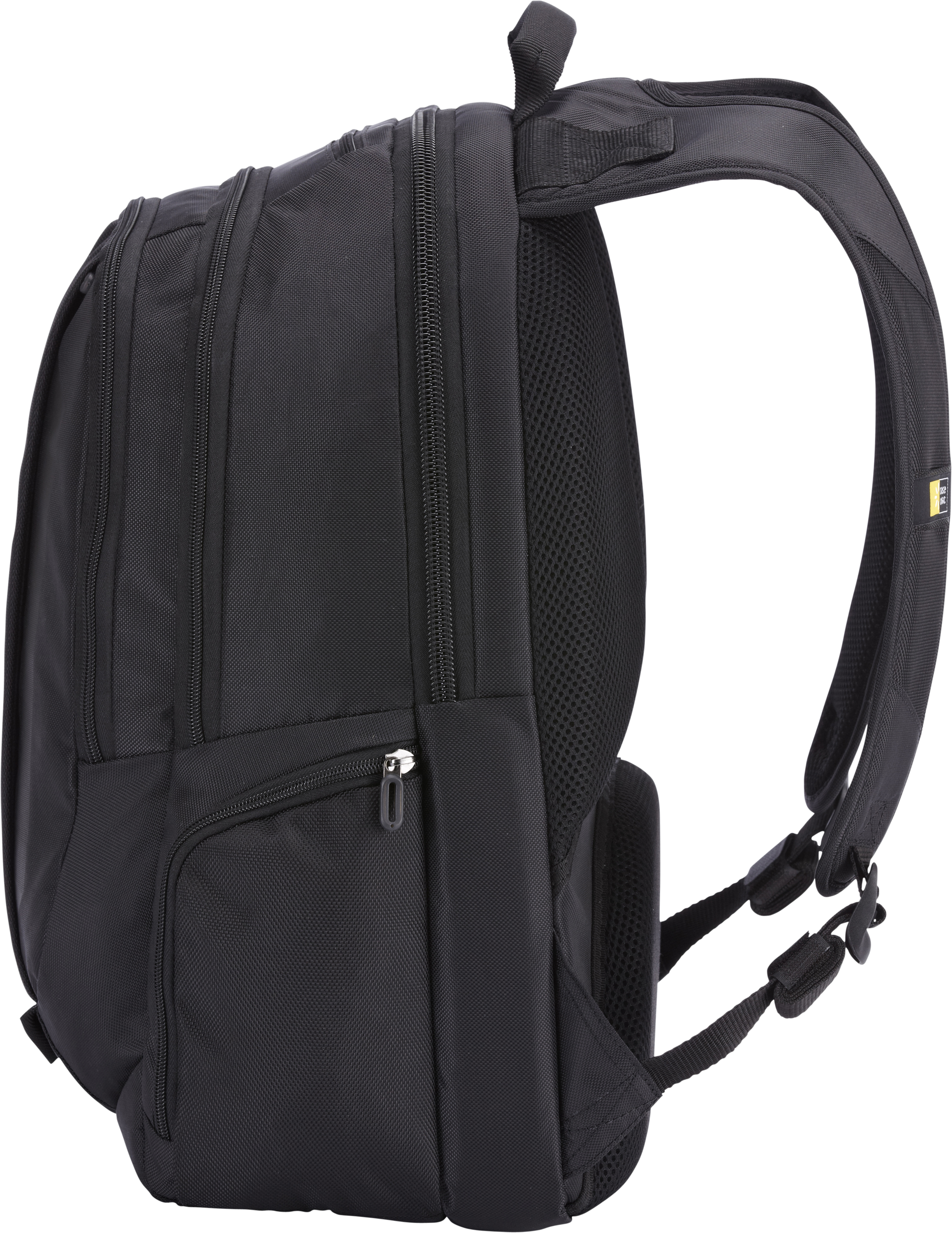 Schwarzer Rucksack mit mehreren Fächern und Reißverschlüssen. Seitenansicht.