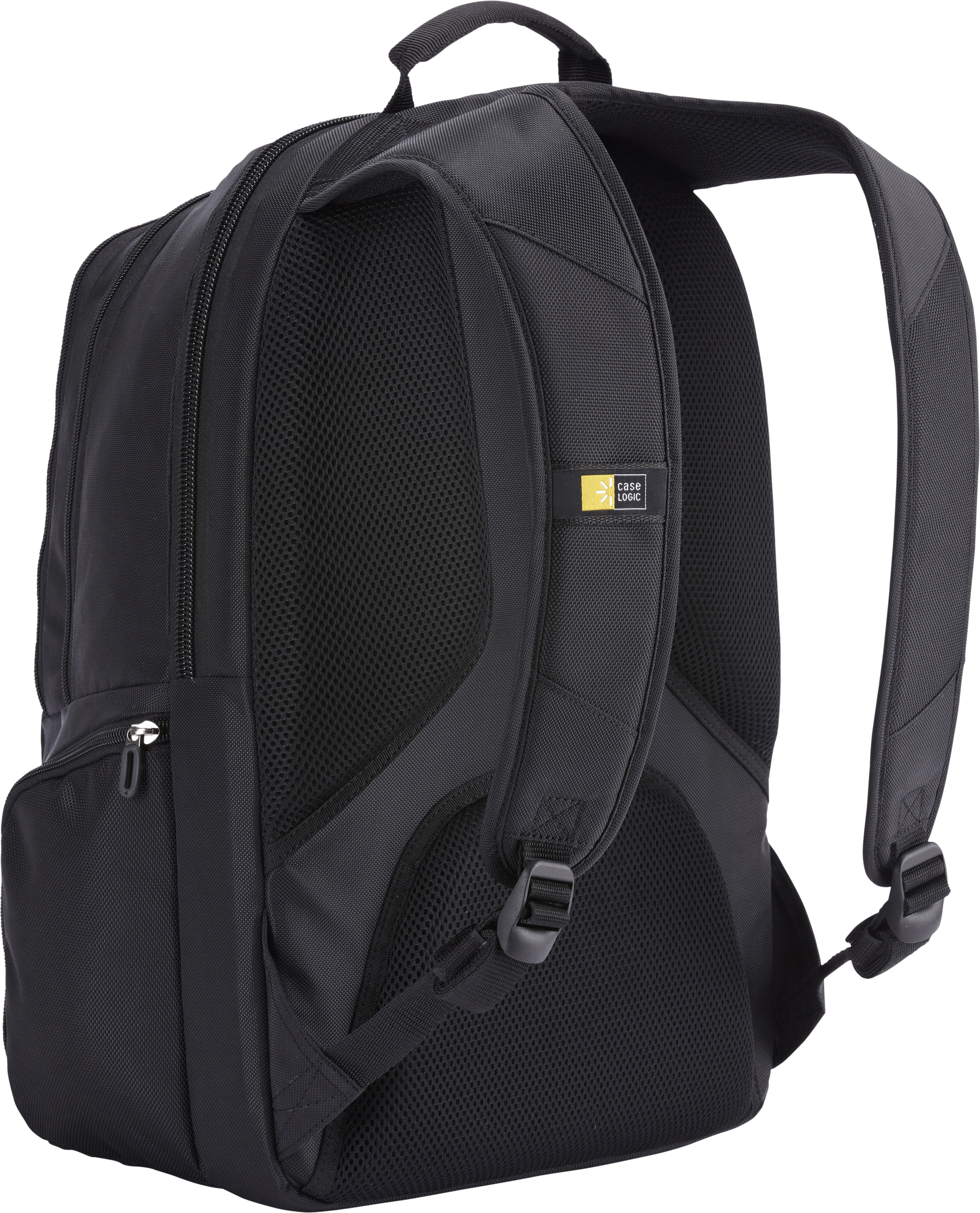 Schwarzer Rucksack, Marke Case Logic, mit gepolstertem Rücken, verstellbaren Trägern und Case Logic Logo.