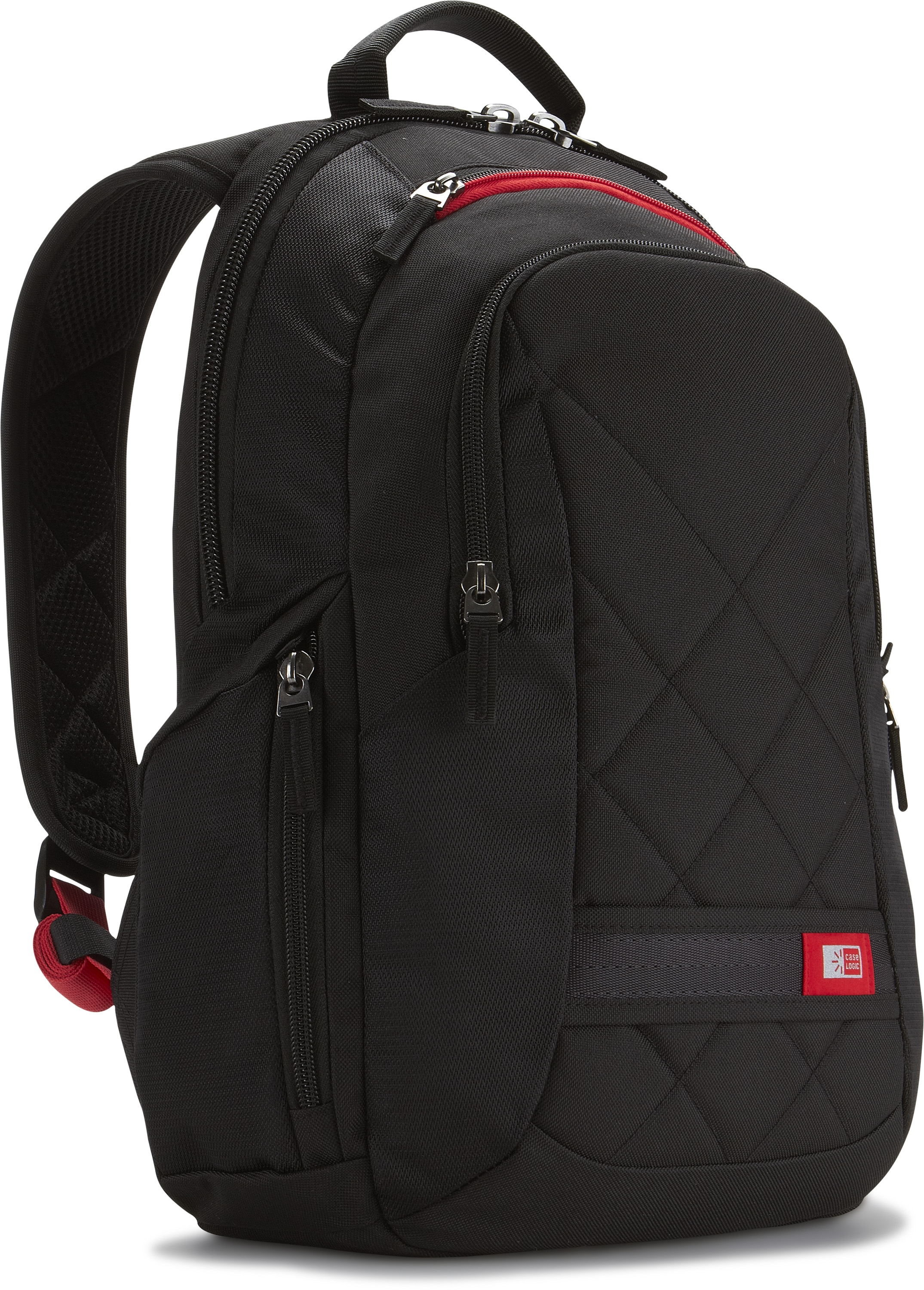 Schwarzer Rucksack mit roten Akzenten. Reißverschlüsse und Case Logic Logo.