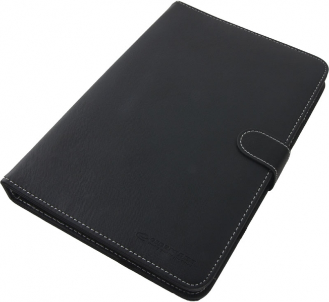 Schwarze Tablet-Hülle aus Leder, geschlossen, mit Knopfverschluss und weißen Nähten.